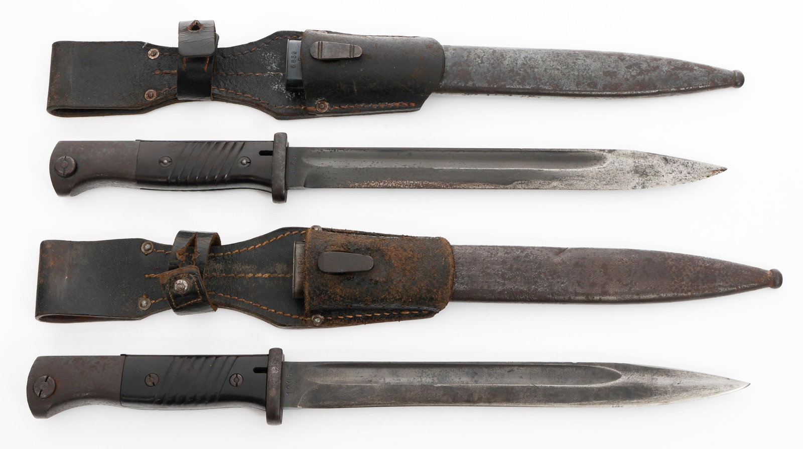 WWII GERMAN K98 COMBAT BAYONETS: WWII GERMAN K98 COMBAT BAYONETS WWII German K98 Combat Bayonets. Single edged, blued blades with fuller. One is maker marked by Jetter & Scheerer, Tuttlingen and the other by Friedrich Herder, Solinge