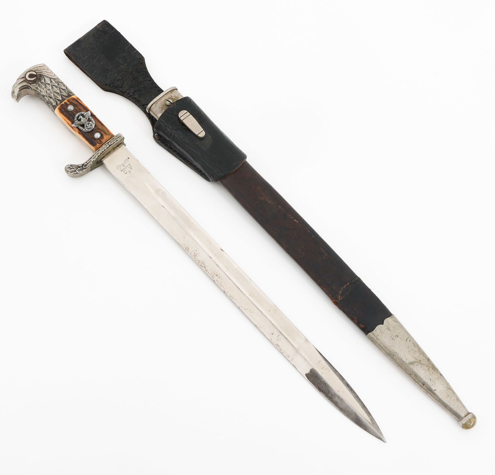 WWII GERMAN POLICE DRESS BAYONET by ALCOSO: WWII GERMAN POLICE DRESS BAYONET by ALCOSO WWII German Police Dress Bayonet. Single edged, bright blade with fuller. Maker marked by Alexander Coppel on the ricasso. Royal acceptance marks and "L11" s