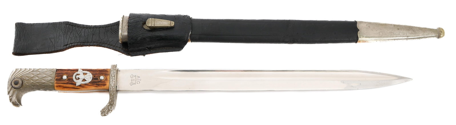 WWII GERMAN POLICE DRESS BAYONET by ALCOSO: WWII GERMAN POLICE DRESS BAYONET by ALCOSO WWII German Police Dress Bayonet. Single edged, bright blade with fuller. Maker marked by Alexander Coppel on the ricasso. Decorated nickel-silver hilt with 