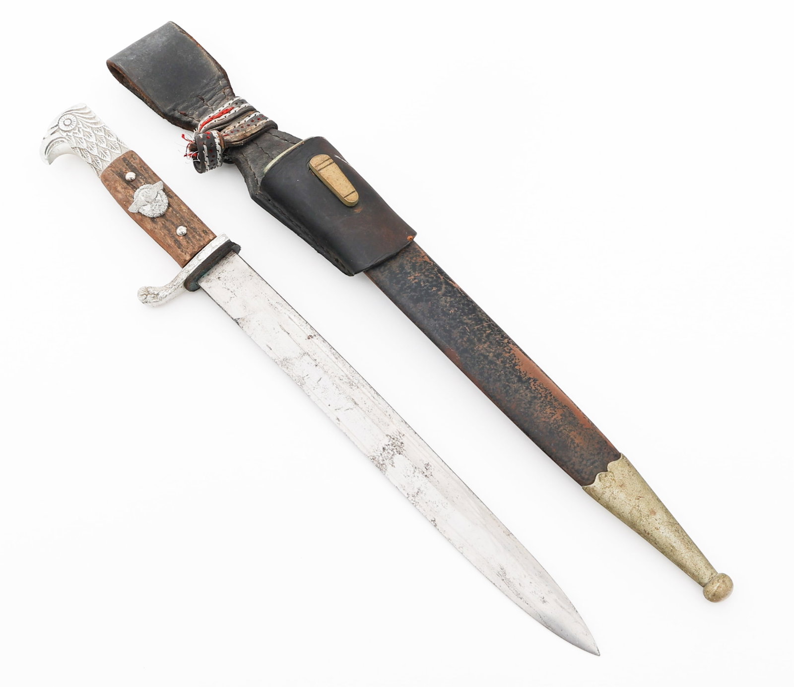 WWII GERMAN POLICE DRESS BAYONET by KREBS: WWII GERMAN POLICE DRESS BAYONET by KREBS WWII German Police Dress Bayonet. Single edged, cut-down bright blade with fuller. Maker marked by Carl Julius Krebs on the ricasso. Leather buffer pad presen