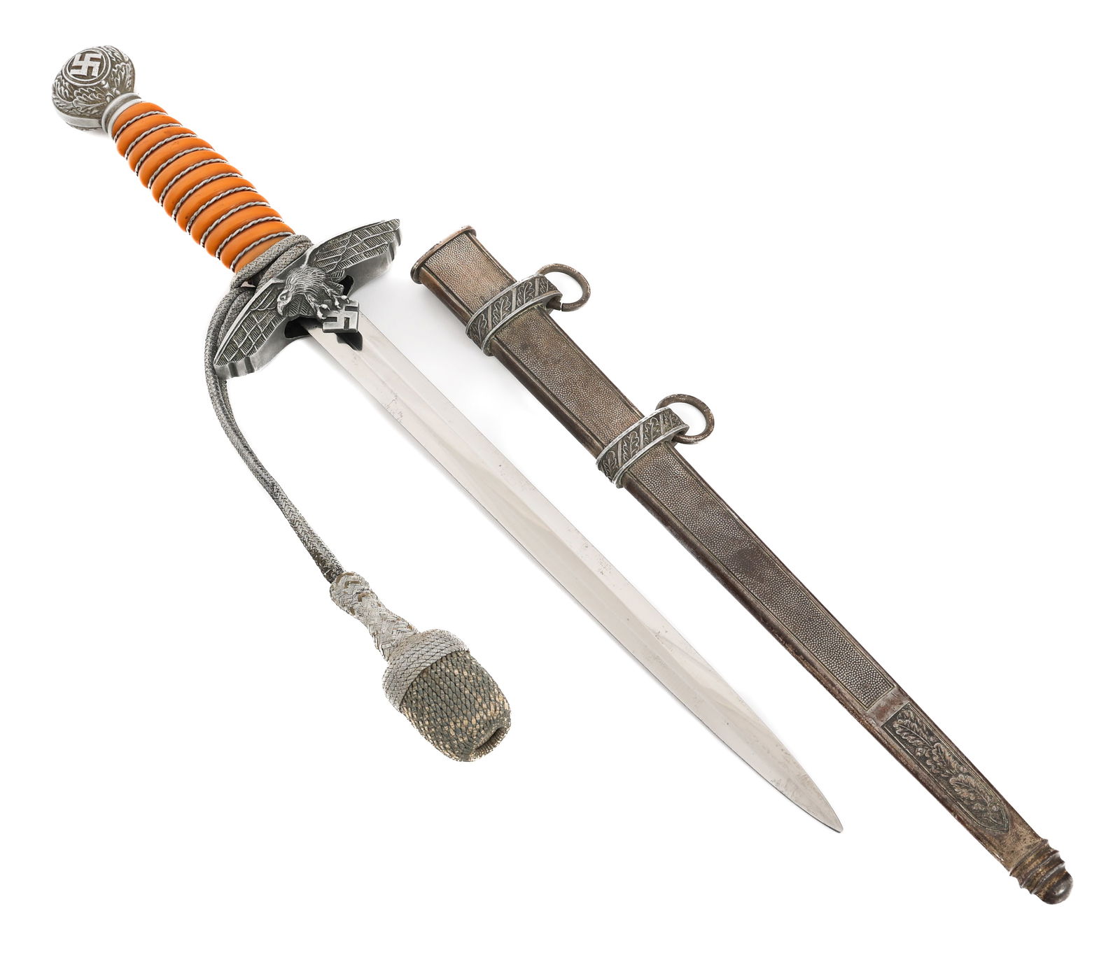 WWII GERMAN 2nd MODEL LUFTWAFFE DAGGER by A.W. JR: WWII GERMAN 2nd MODEL LUFTWAFFE DAGGER by A.W. JR WWII German 2nd Model Luftwaffe Dress Dagger. Double edged, bright blade. Maker marked by A.W. Jr. near the ricasso. Leather buffer pad present. Alumi