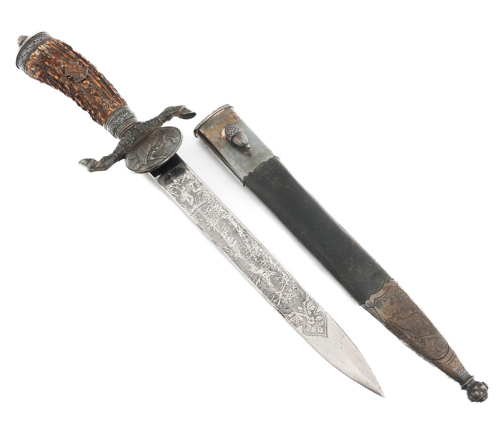 WWII GERMAN HUNTING ASSOCIATION DAGGER by EICKHORN: WWII GERMAN HUNTING ASSOCIATION DAGGER by EICKHORN WWII German Hunting Association Dress Dagger. Single edged, bright, triple acid etched blade with fuller. Hunting and forestry scenes etched on both