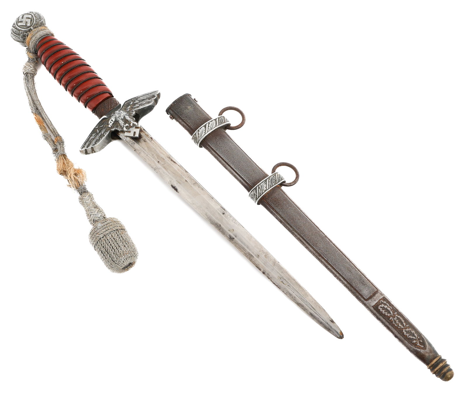 WWII GERMAN LUFTWAFFE 2nd MODEL DAGGER: WWII GERMAN LUFTWAFFE 2nd MODEL DAGGER WWII German Luftwaffe 2nd Model Officer Dress Dagger. Double edged, bright blade. No visible maker marks. Leather buffer pad present. Nickel-silver hilt with ste