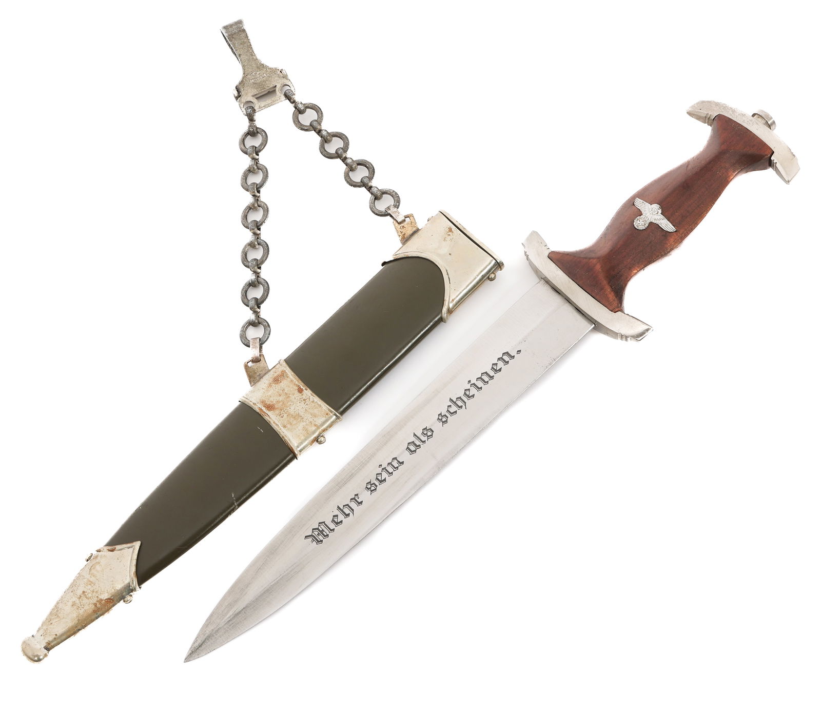 WWII GERMAN NPEA LEADER CHAINED PARTS DAGGER: WWII GERMAN NPEA LEADER CHAINED PARTS DAGGER WWII German NPEA Student Leader Chained Parts Dagger. Original Karl Burgsm?ller blade with a mix of original and modern parts. Blade Length: 8 3/4" Total L