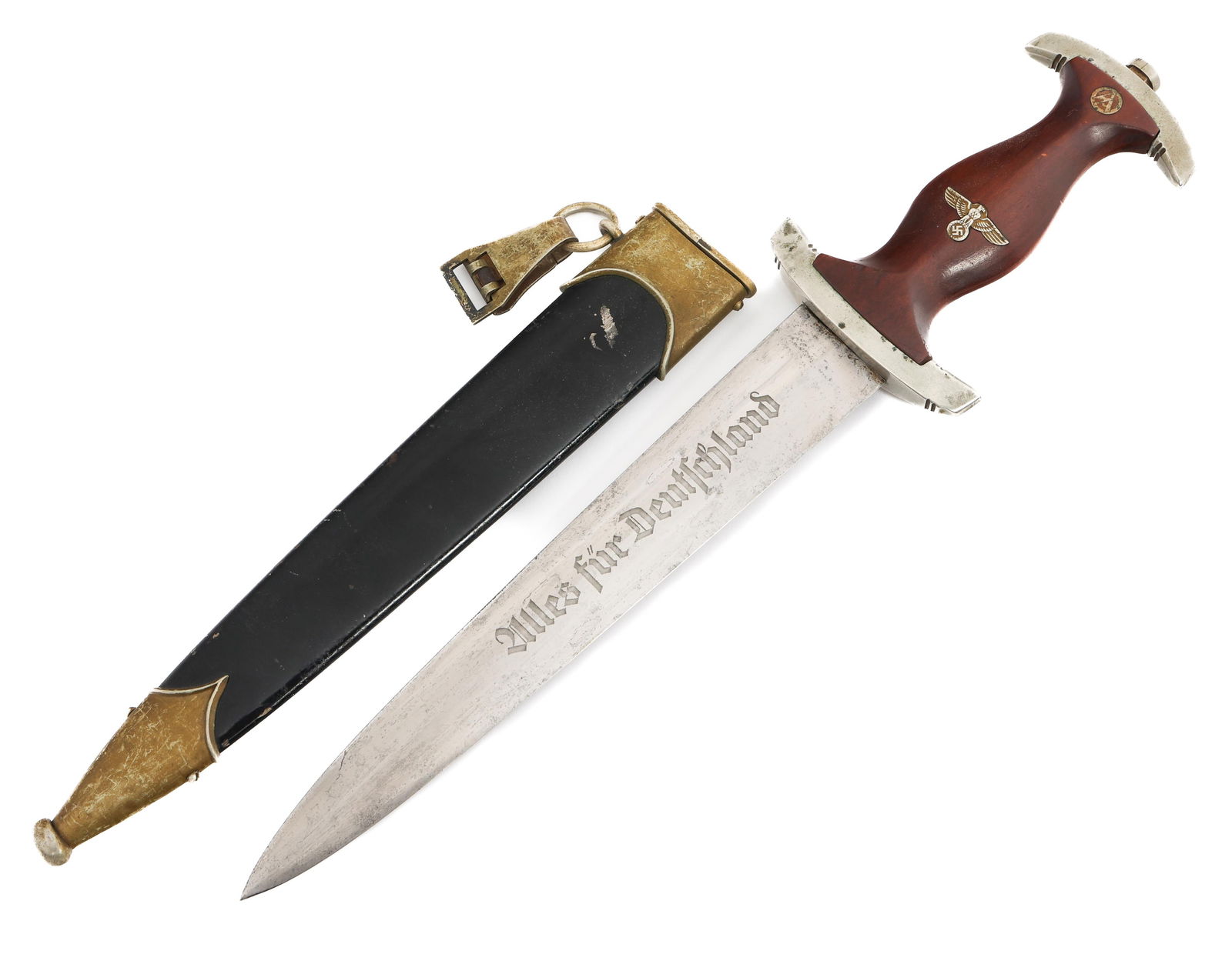WWII GERMAN NSKK DRESS DAGGER by HUGO RADER: WWII GERMAN NSKK DRESS DAGGER by HUGO RADER WWII German NSKK Dress Dagger. Double edged, bright blade with acid etched motto "Alles Fur Deutschland" in light grey background. Slightly visible crossgra