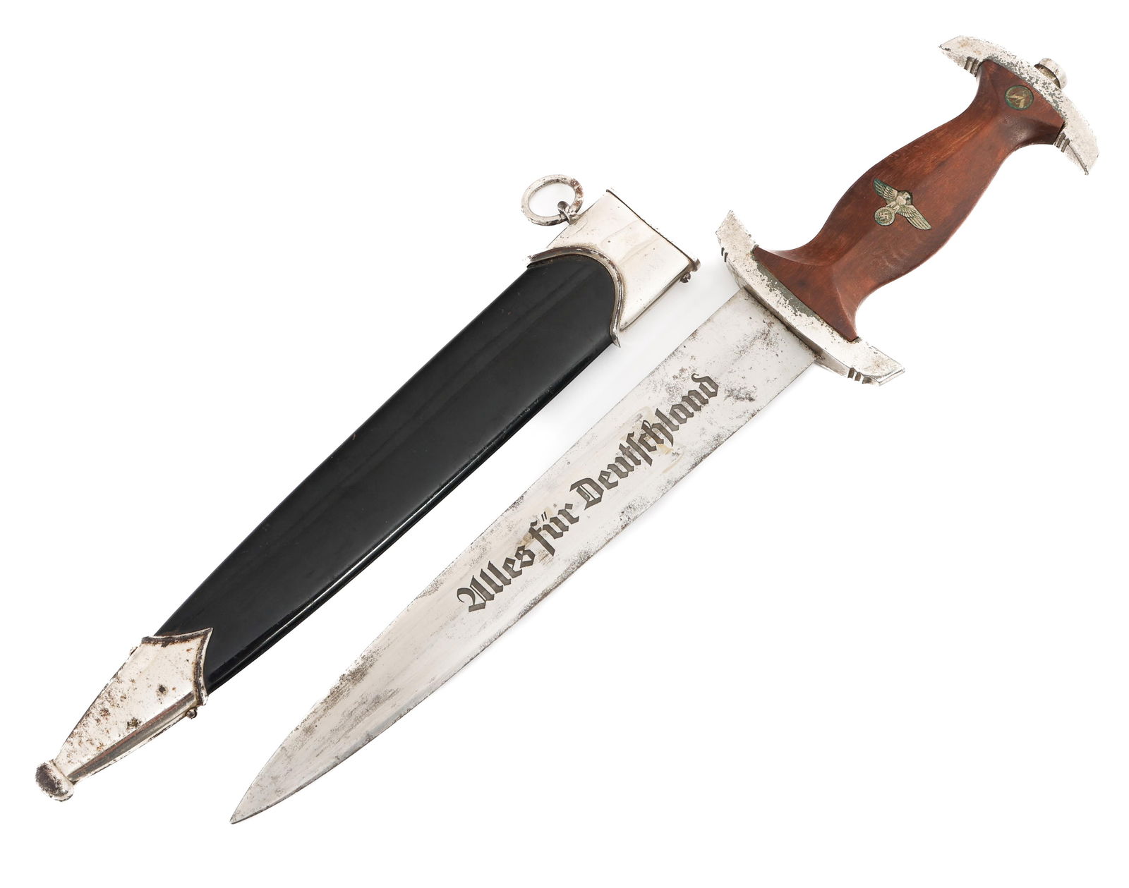 WWII GERMAN NSKK DRESS DAGGER by RZM M7/36: WWII GERMAN NSKK DRESS DAGGER by RZM M7/36 WWII German NSKK Dress Dagger. Double edged, bright blade with acid etched motto "Alles Fur Deutschland" in dark grey background. Slightly visible crossgrain