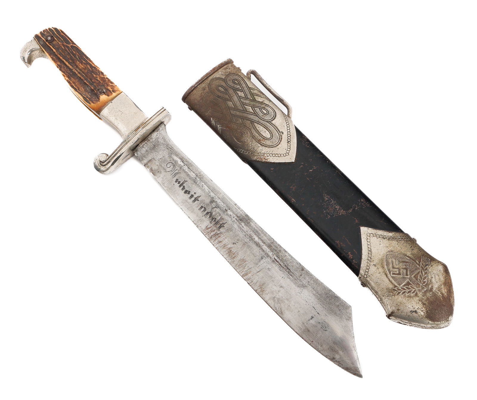 WWII GERMAN RAD SUBORDINATE HEWER DAGGER: WWII GERMAN RAD SUBORDINATE HEWER DAGGER WWII German Reichs Labour Service (RAD) Subordinate Hewer Dagger. Single edged, bright blade with fuller. Acid etched motto "Arbeit adelt" on one side. Maker m