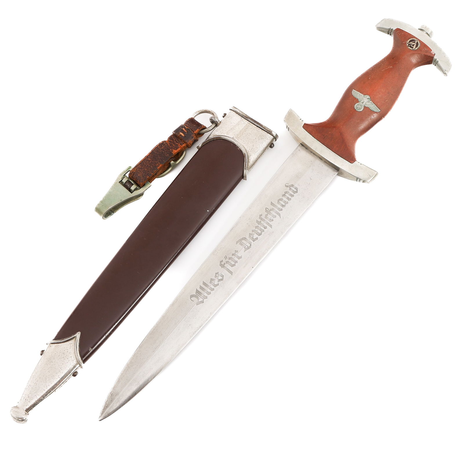 WWII GERMAN SA DRESS DAGGER by GEBRUDER BORN: WWII GERMAN SA DRESS DAGGER by GEBRUDER BORN WWII German SA Dress Dagger. Double edged, bright blade with acid etched motto "Alles Fur Deutschland" in light grey background. Maker marked by Gebruder B