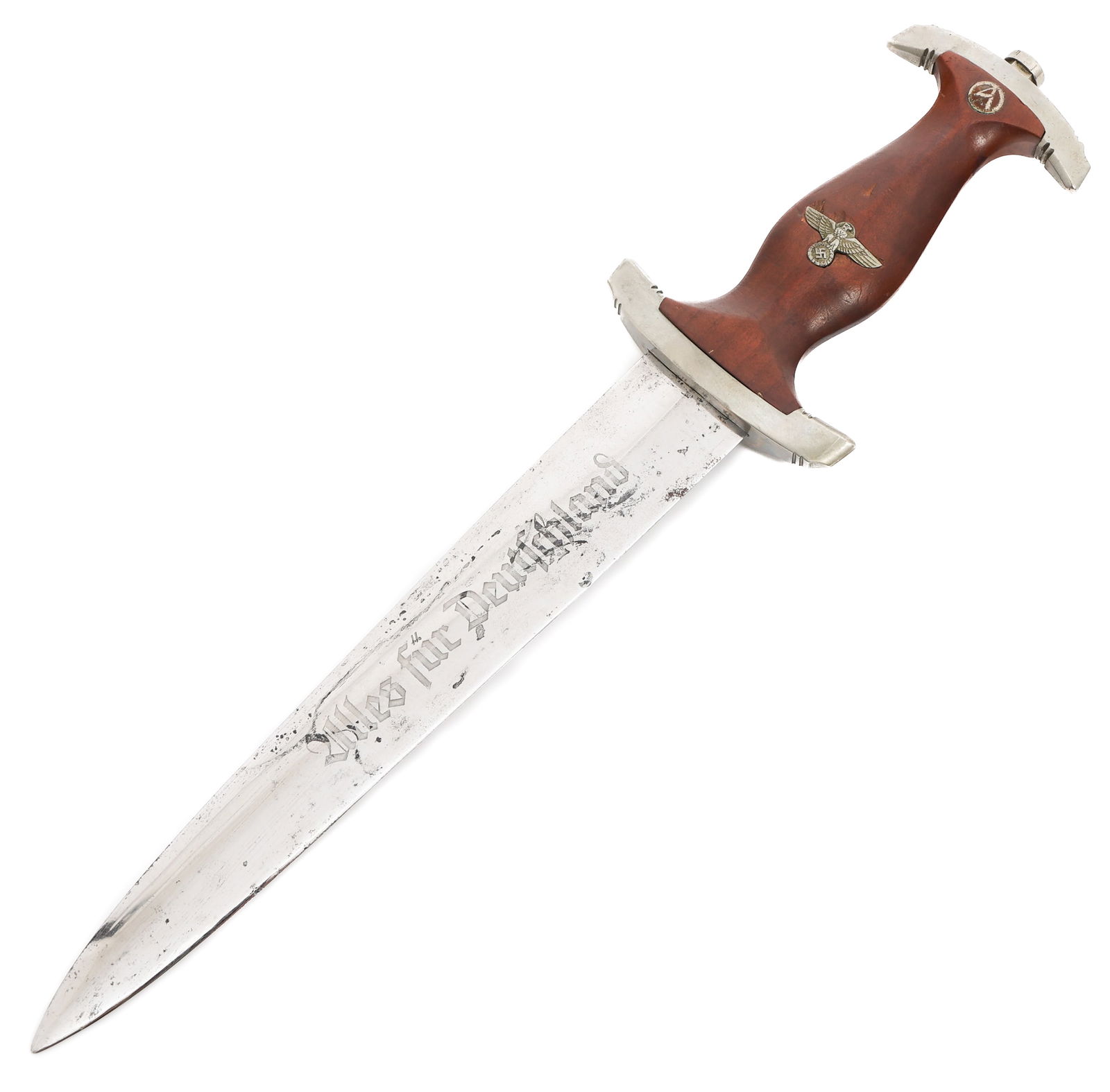 WWII GERMAN SA DRESS DAGGER by MAY VOM HAU: WWII GERMAN SA DRESS DAGGER by MAY VOM HAU WWII German SA Dress Dagger. Double edged, bright blade with acid etched motto "Alles Fur Deutschland" in light grey background. Maker marked by May Vom Hau,
