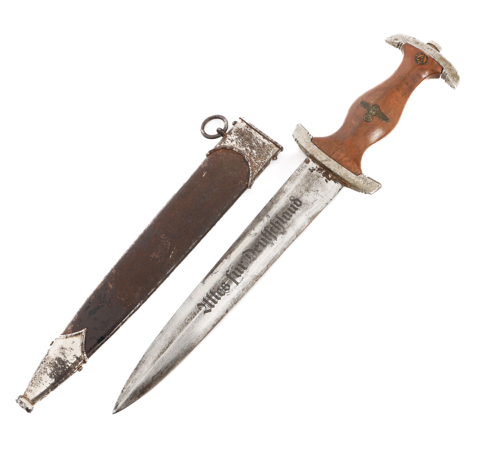 WWII GERMAN SA DRESS DAGGER by RZM M7/18: WWII GERMAN SA DRESS DAGGER by RZM M7/18 WWII German SA Dress Dagger. Double edged, bright blade with acid etched motto "Alles Fur Deutschland" in grey background. No visible crossgrain. Maker marked