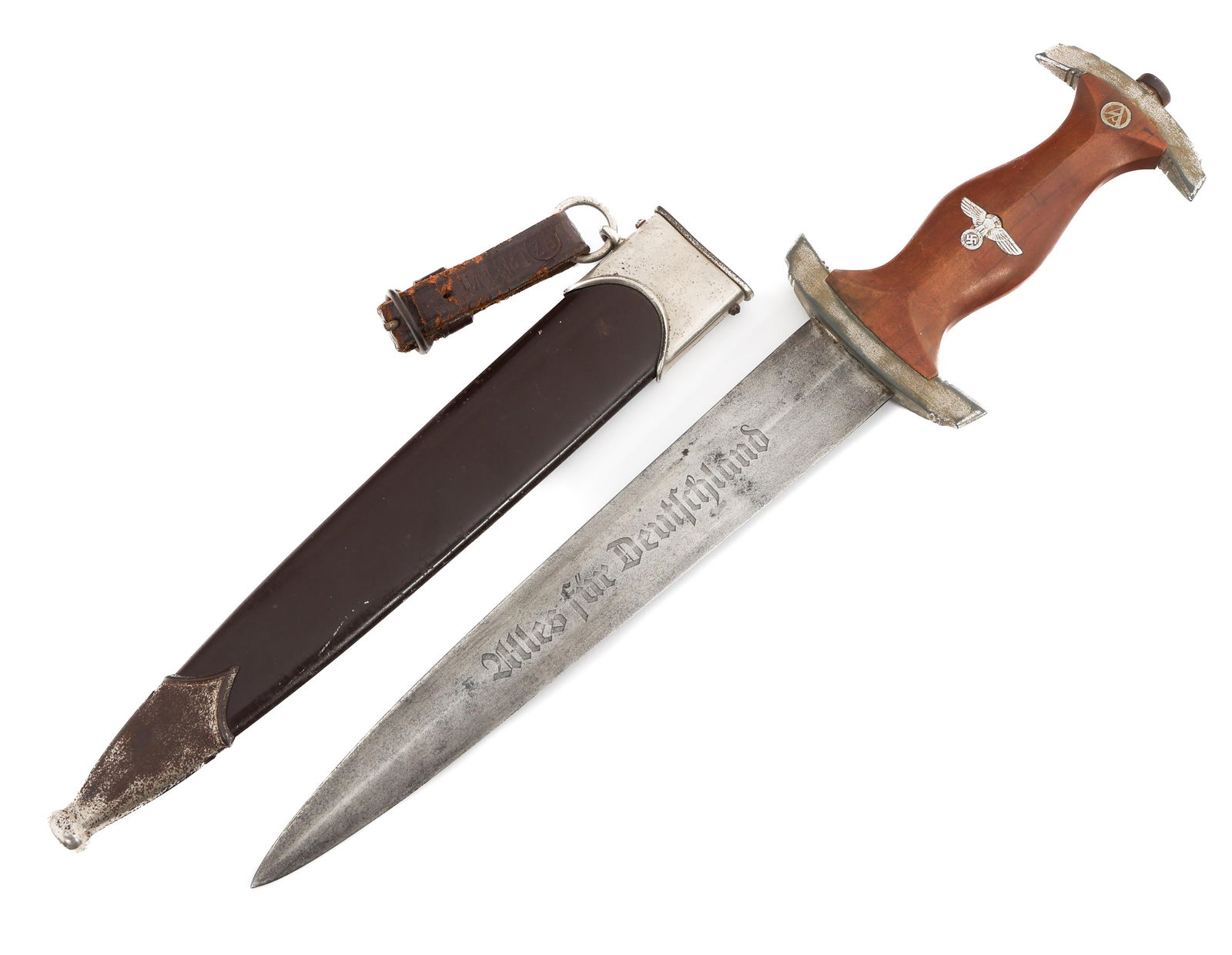 WWII GERMAN SA DRESS DAGGER by RZM M7/42: WWII GERMAN SA DRESS DAGGER by RZM M7/42 WWII German SA Dress Dagger. Double edged, bright blade with acid etched motto "Alles Fur Deutschland". No visible crossgrain. Maker marked by RZM M7/42. Nicke