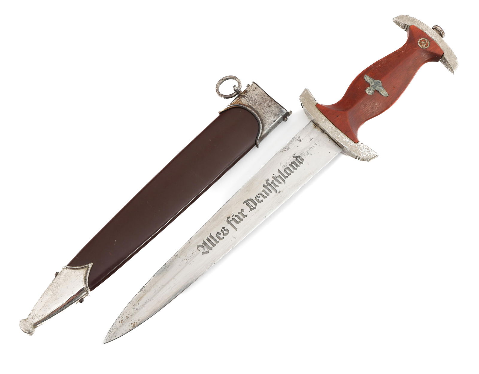 WWII GERMAN SA DRESS DAGGER by RZM M7/66: WWII GERMAN SA DRESS DAGGER by RZM M7/66 WWII German SA Dress Dagger. Double edged, bright blade with acid etched motto "Alles Fur Deutschland" in dark grey background. Slightly visible crossgrain. Ma