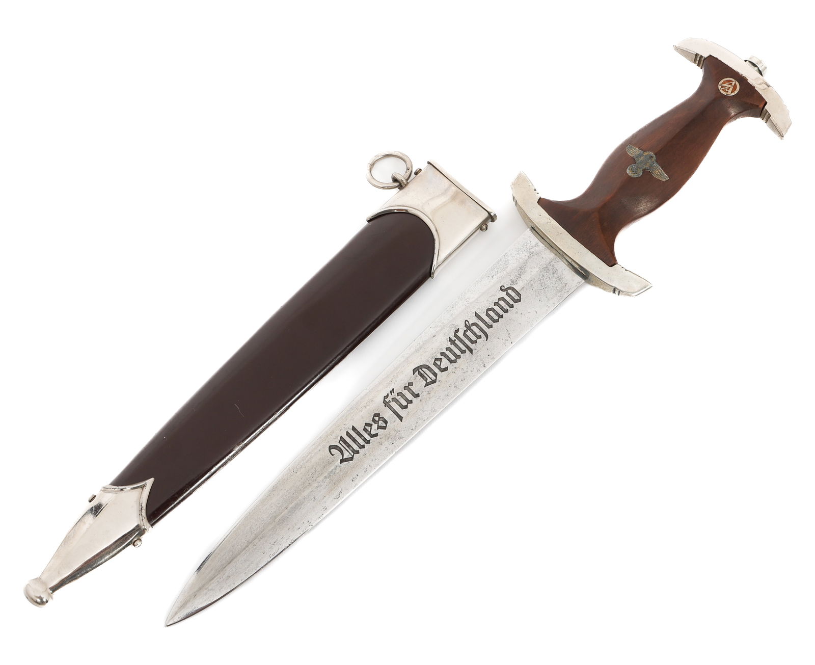 WWII GERMAN SA DRESS DAGGER by WEYERSBERG: WWII GERMAN SA DRESS DAGGER by WEYERSBERG WWII German SA Dress Dagger. Double edged, bright blade with acid etched motto "Alles Fur Deutschland" in dark grey background. No visible crossgrain. Maker m