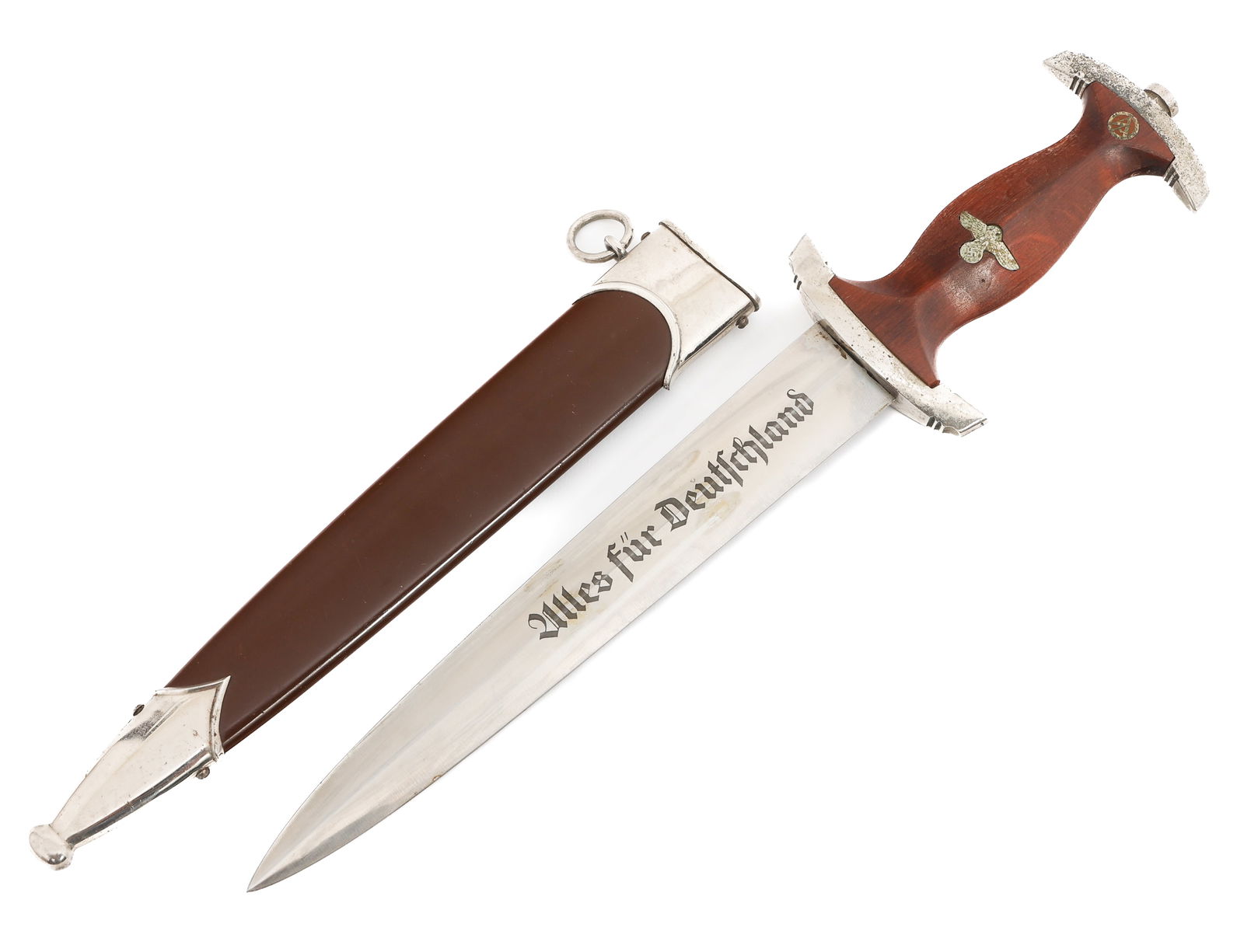 WWII GERMAN SA TRANSITIONAL DAGGER by LAUTERJUNG: WWII GERMAN SA TRANSITIONAL DAGGER by LAUTERJUNG WWII German SA transitional Dress Dagger. Double edged, bright blade with acid etched motto "Alles Fur Deutschland" on dark grey background. Highly vis