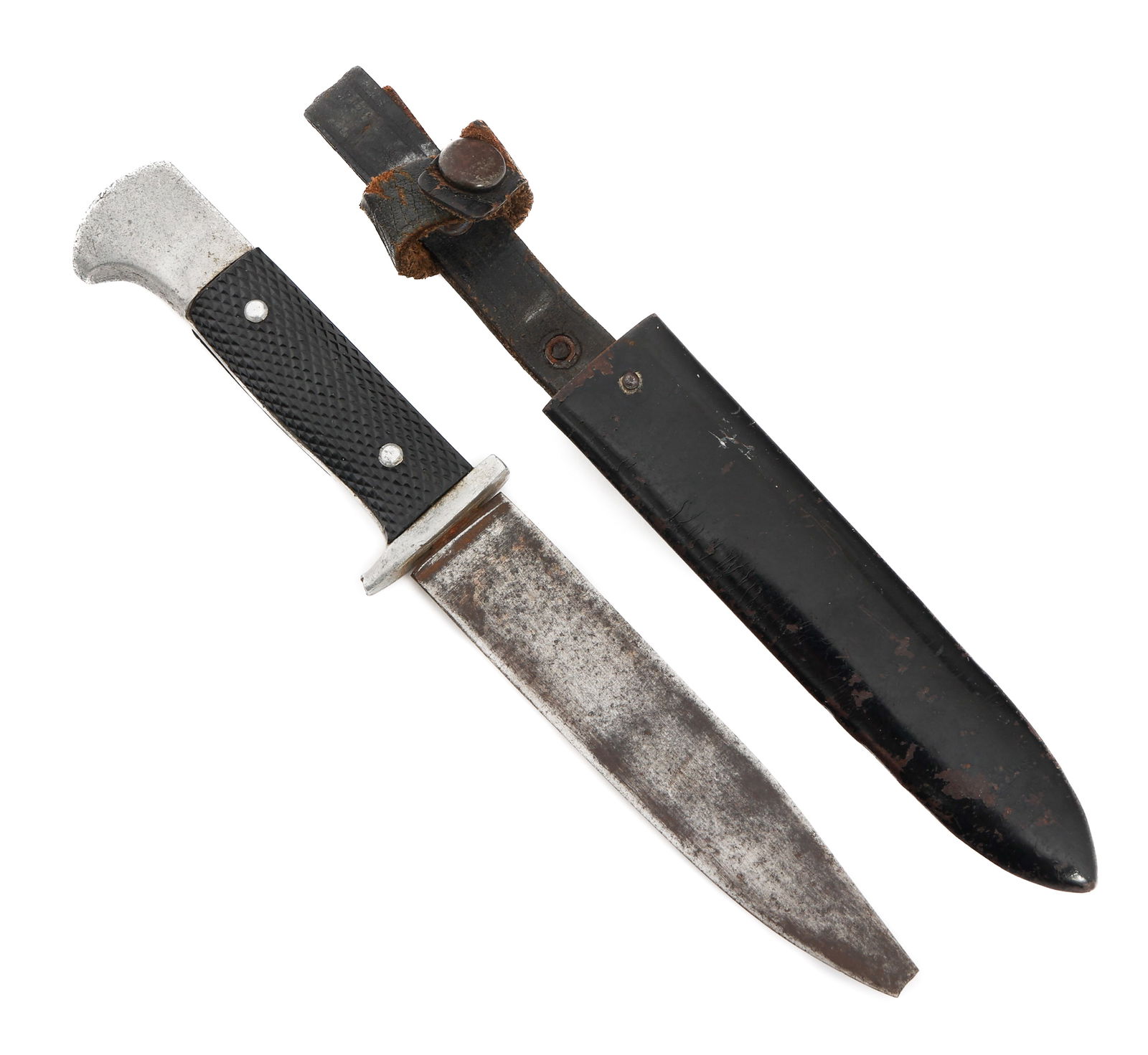 WWII GERMAN BOOT KNIFE: WWII GERMAN BOOT KNIFE WWII German Boot Knife. Single edge blade. No visible maker marks. Alloy hilt with composite grips. Black steel scabbard. Blade Length: 4 1/4" Total Length: 7 5/8"