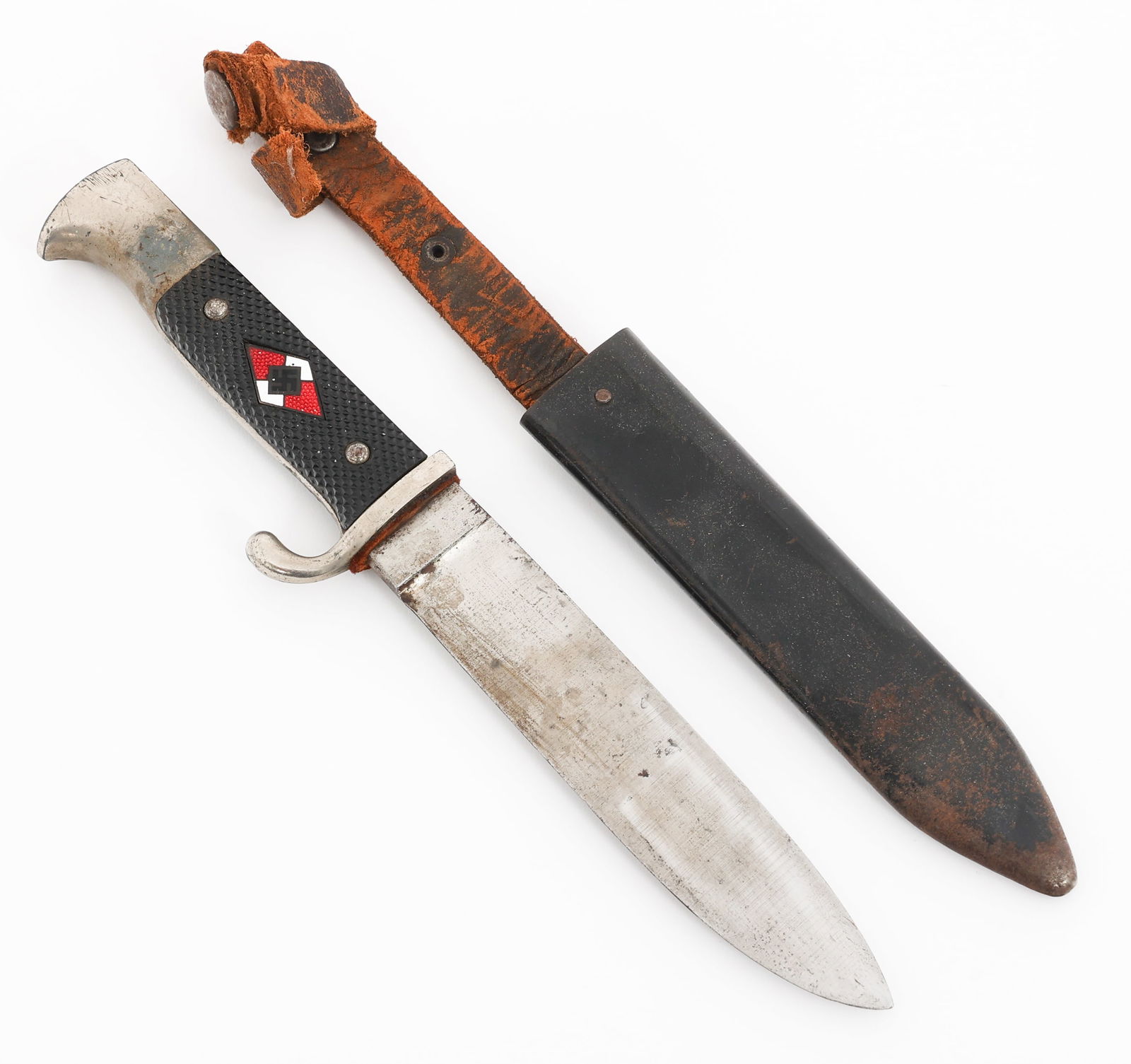 WWII GERMAN HITLER YOUTH KNIFE: WWII GERMAN HITLER YOUTH KNIFE WWII German Hitler Youth Knife. Single edged, bright blade. No visible marks. Leather buffer pad present. Nickel-silver hilt. Black checkered bakelite grips with HJ diam
