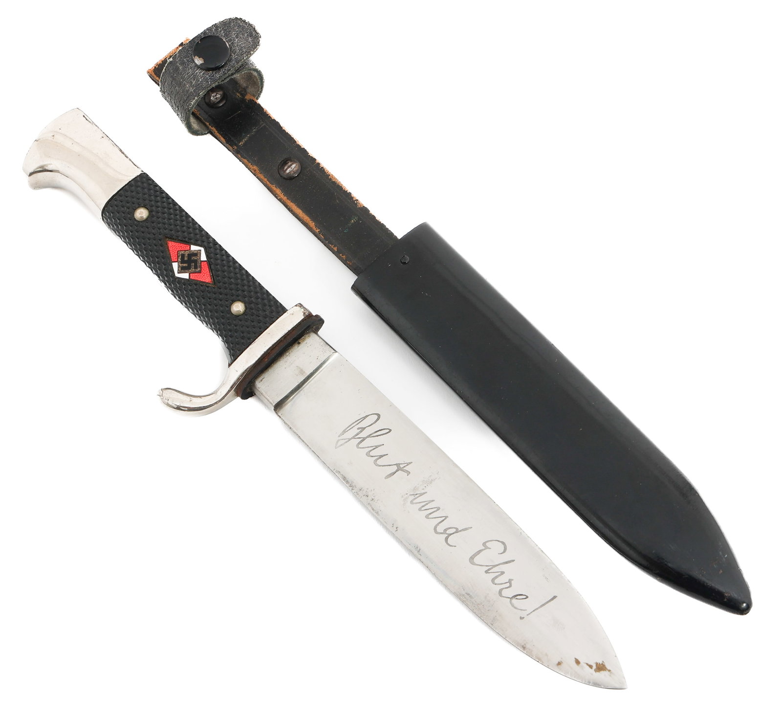 WWII GERMAN HITLER YOUTH KNIFE & MOTTO by HENCKELS: WWII GERMAN HITLER YOUTH KNIFE & MOTTO by HENCKELS WWII German Hitler Youth Knife with Motto. Single edged, bright blade with acid etched motto "Blut und Ehre!" on one side. Maker marked by J. A. Henc