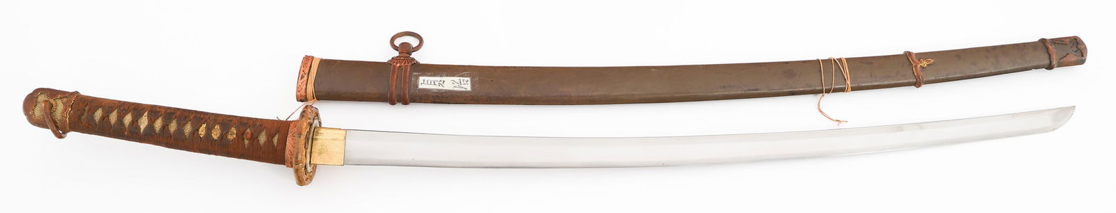WWII IMPERIAL JAPANESE ARMY TYPE 98 SHIN-GUNTO: WWII IMPERIAL JAPANESE ARMY TYPE 98 SHIN-GUNTO WWII Imperial Japanese Army Officer Type 98 Shin-Gunto Sword. Single edged, bright, curved blade with Sugu style Hamon. Decorated brass Habaki, Seppa, Ts