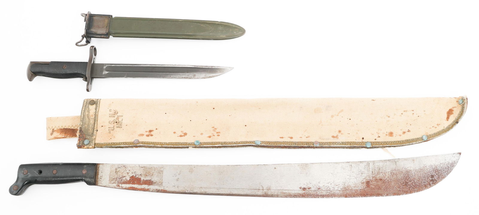 WWII US ARMY M1905E1 BAYONET & USN MkI MACHETE: WWII US ARMY M1905E1 BAYONET & USN MkI MACHETE WWII US Army M1905E1 Bayonet & US Navy Mark I Machete. (1) M1905E1. Single edged, parkerized blade with fuller. Maker marked by Springfield Armory & date