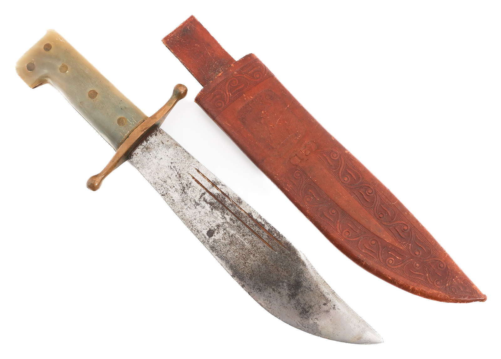 WWII US COLLINS & CO. No.18 GREEN HORN BOWIE KNIFE: WWII US COLLINS & CO. No.18 GREEN HORN BOWIE KNIFE WWII US No. 18 V-44 Green Horn Bowie Survival Knife. Single edged, bright bowie blade with dual fuller. Maker mark by Collins & Co. and "No. 18" stam