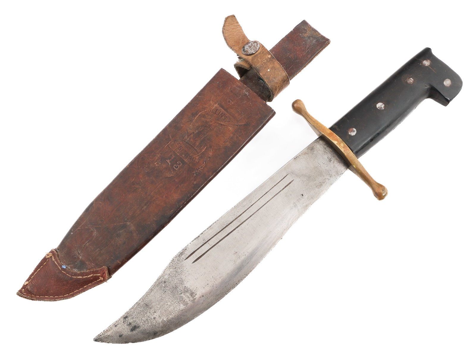 WWII US NAMED V44 SURVIVAL BOWIE by COLLINS & CO: WWII US NAMED V44 SURVIVAL BOWIE by COLLINS & CO WWII US No. 18 V-44 Bowie Survival Knife. Named to US Army Officer Louis John Storck O-15333. Single edged, bright bowie blade with dual fullers. Maker