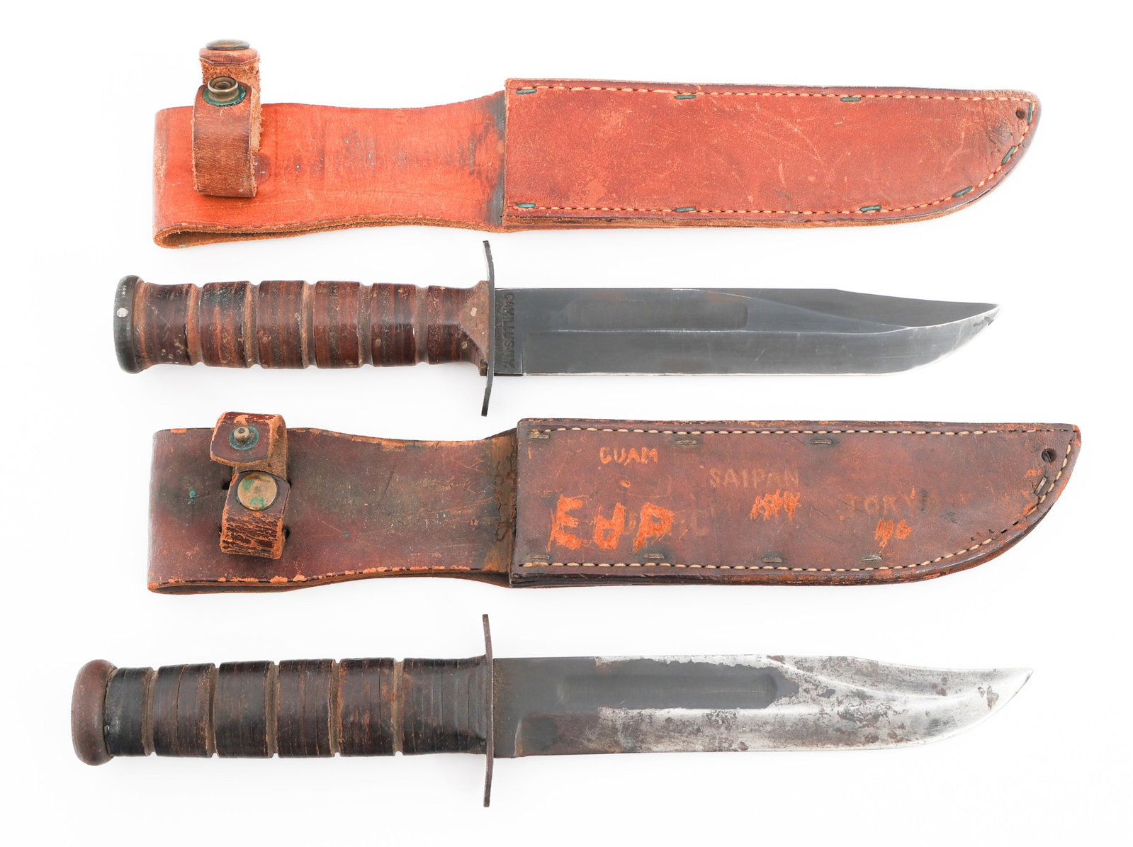 WWII USMC MkII FIGHTING KNIVES by KA-BAR: WWII USMC MkII FIGHTING KNIVES by KA-BAR WWII US Marine Corps MkII Fighting Knives. (1) MkII. Single edged, parkerized blade with fuller. Maker marked by Ka-Bar on one side of the ricasso and stamped 