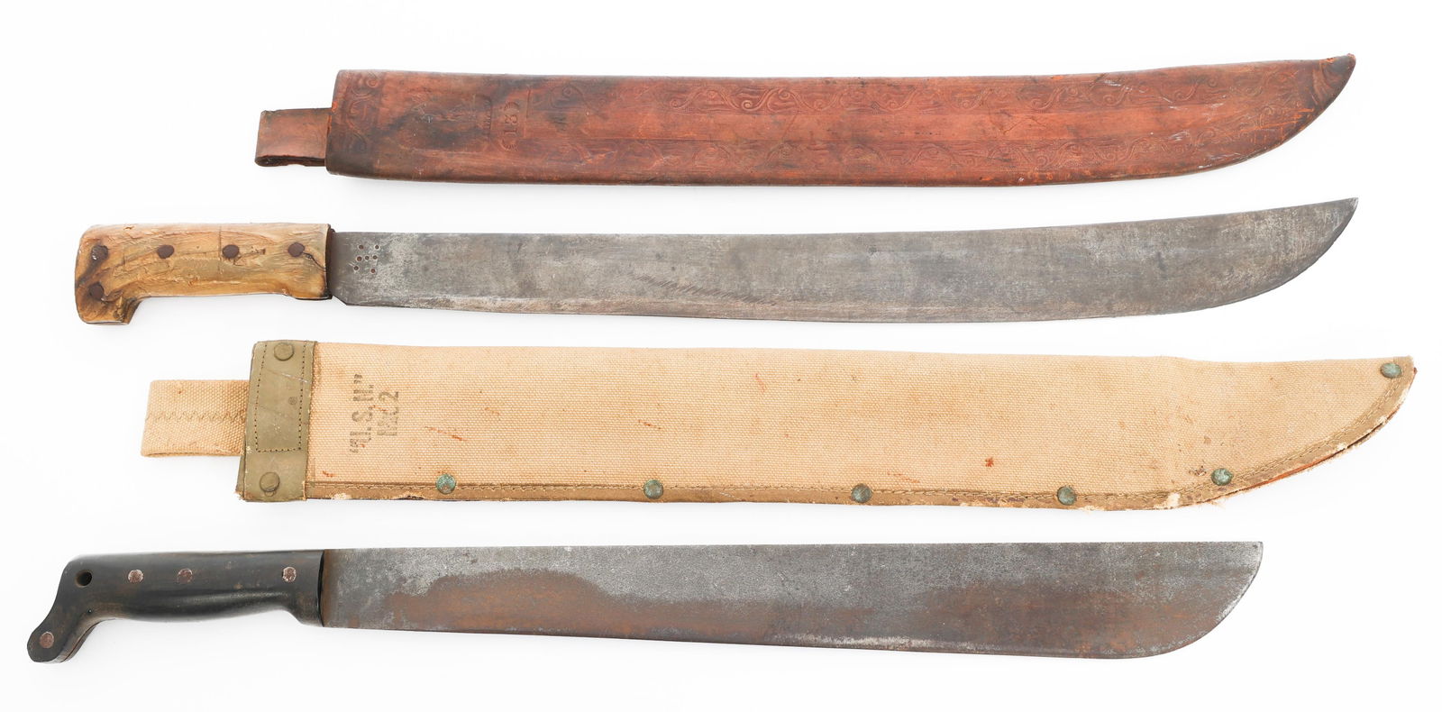WWII US NAVY Mk. 2 & COLLINS No. 128 MACHETES: WWII US NAVY Mk. 2 & COLLINS No. 128 MACHETES WWII US Navy Mk. 2 & Collins & Co No. 128 Machetes. (1) Mk. 2. Single edged blued machete blade. Maker marked by Collins & Co and dated 1945. Composite ha