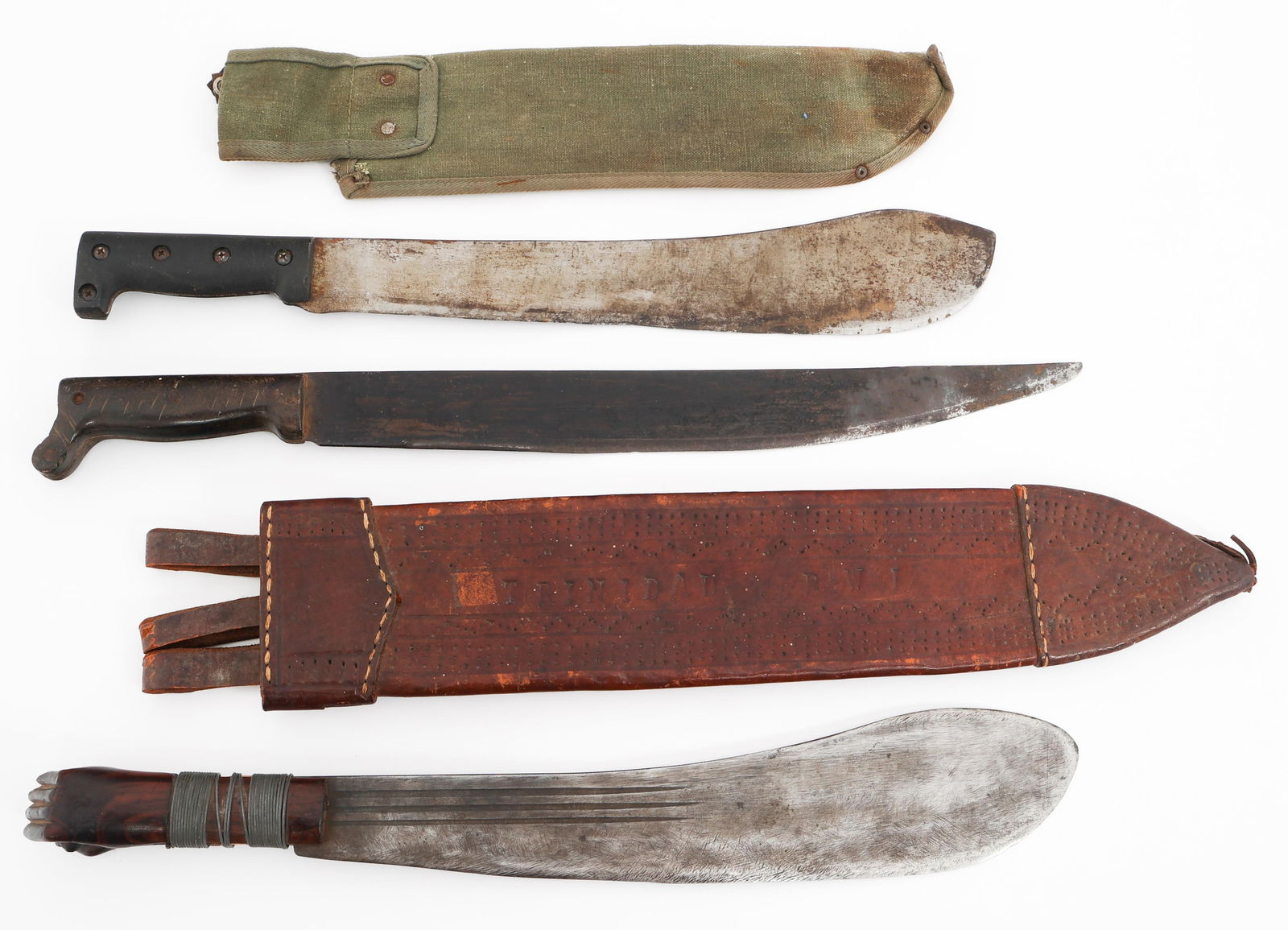 WWII US NAVY MkI & CIVILIAN MACHETES: WWII US NAVY MkI & CIVILIAN MACHETES WWII US Navy Mark I & Civilian Machetes. (1) MkI. Single edged, ground down blade. Maker marked by Collins & Co. and dated 1943 near the composite handle. No sheat