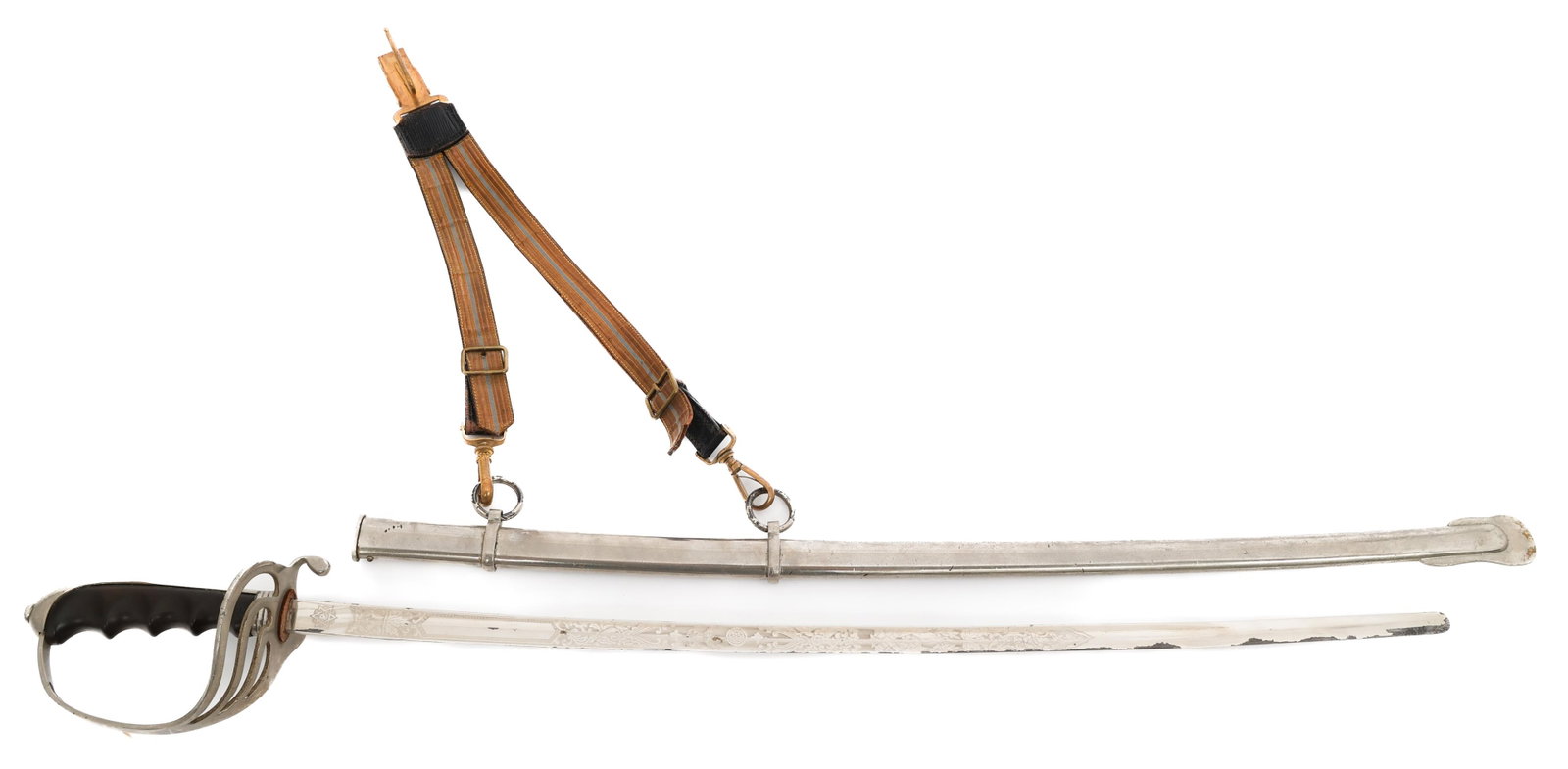 US M1902 CHILD'S SWORD by INTERMEDIA INC: US M1902 CHILD'S SWORD by INTERMEDIA INC US M1902 Child's Sword. Slightly curved, unsharpened blade with rounded tip and fuller. Triple acid etched with floral and patriotic patterns. Maker mark of In