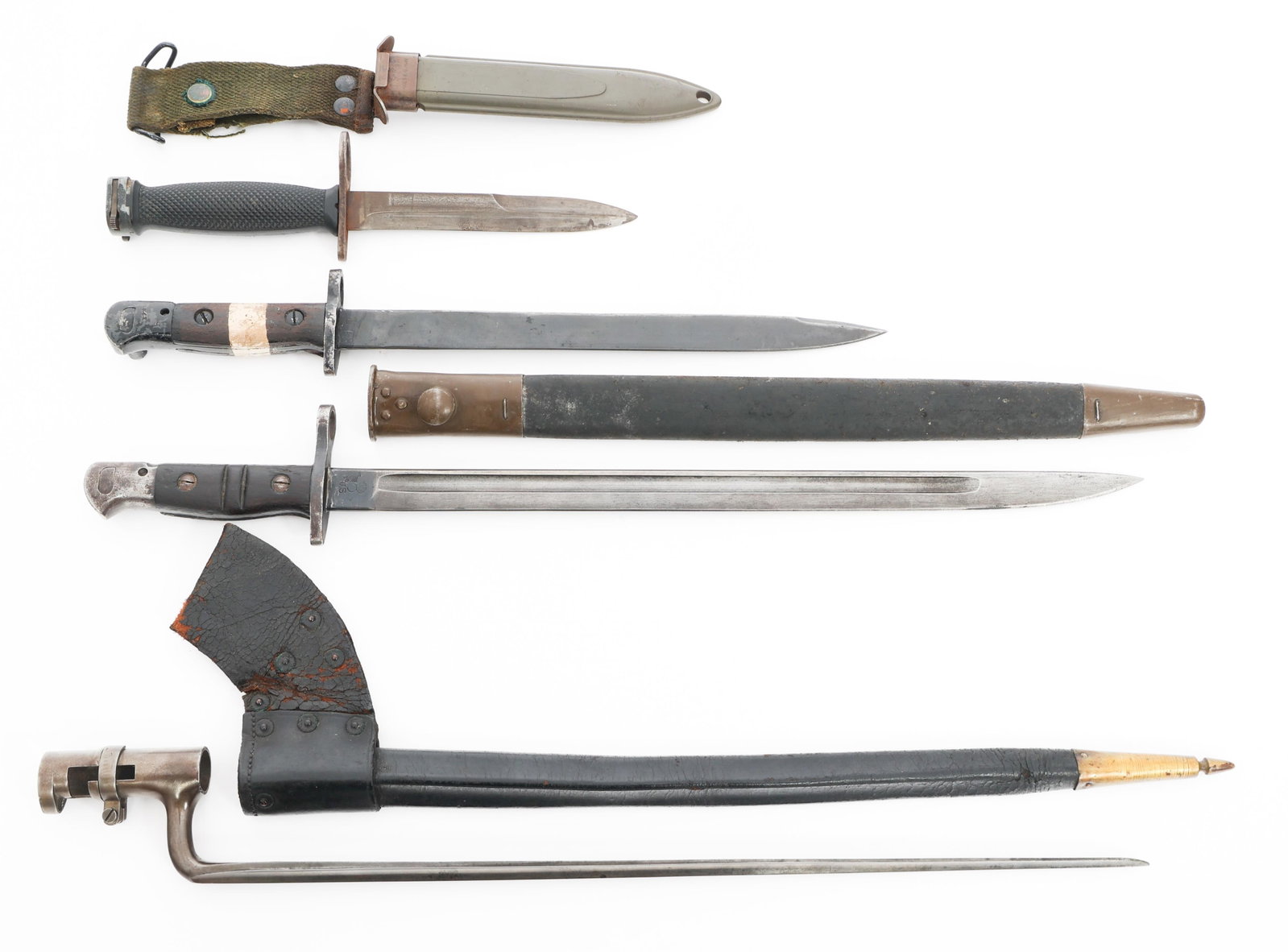 19th C. - VIETNAM WAR US & BRITISH BAYONETS: 19th C. - VIETNAM WAR US & BRITISH BAYONETS 19th C. - Vietnam War US & British Bayonets. (1) US M1873 Socket Bayonet. "US" stamped on the ricasso. Leather scabbard with brass fitting and frog. (1) US 