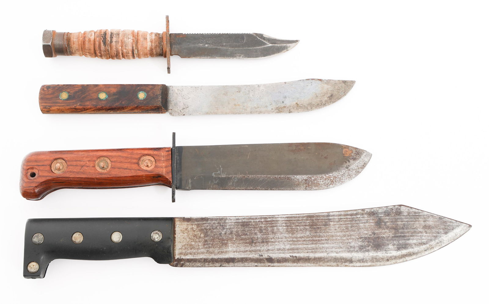 COLD WAR US & BRITISH SURVIVAL KNIVES: COLD WAR US & BRITISH SURVIVAL KNIVES Cold War US and British Survival Knives and Machetes.(1) British Type D Survival Knife. No sheath. (1) Jet Pilot Survival Knife. No sheath. (1) Machete. No sheath