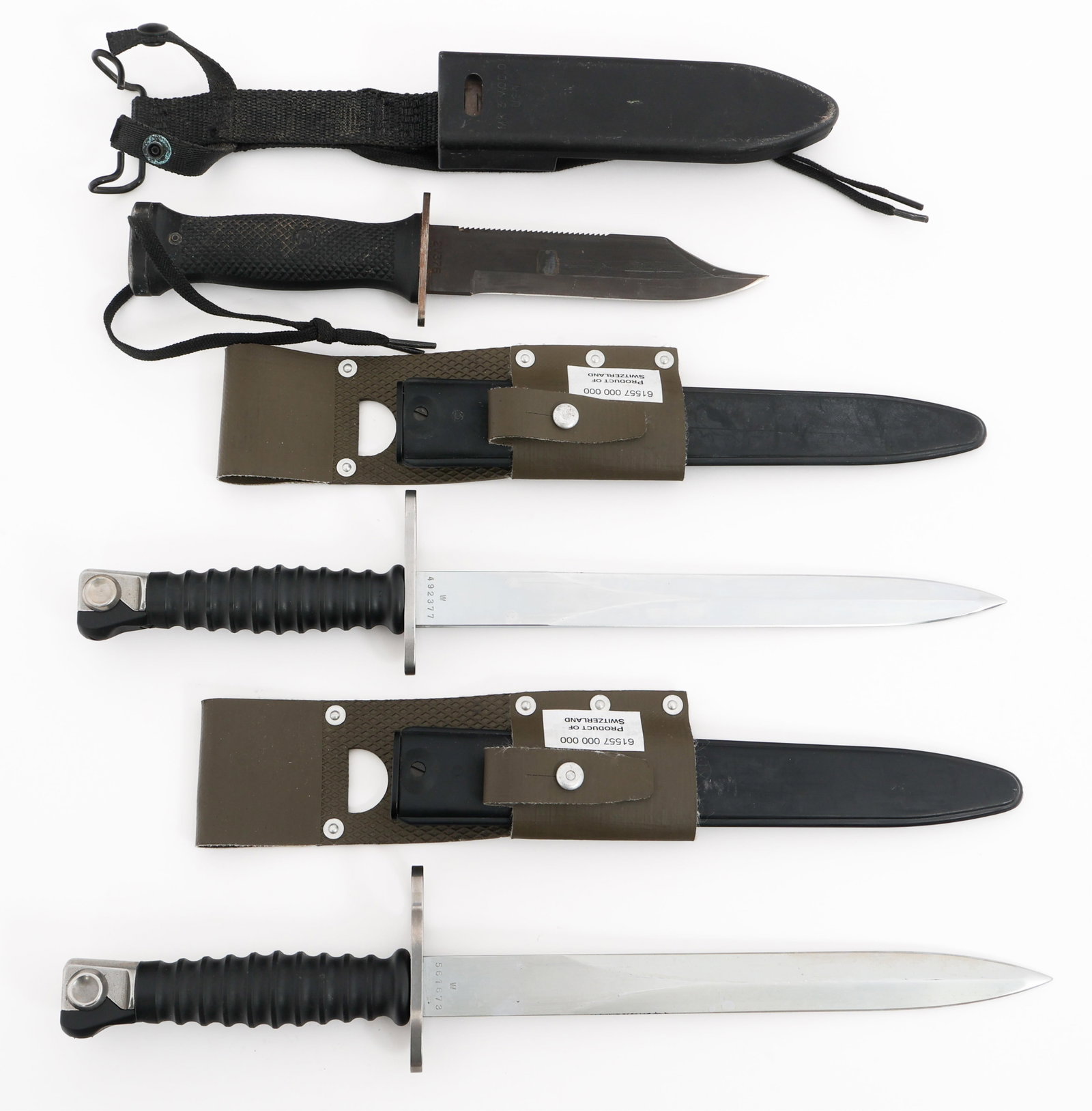 COLD WAR USN MK3 MOD 0 & SWISS M1957 BAYONETS: COLD WAR USN MK3 MOD 0 & SWISS M1957 BAYONETS Cold War US Navy Mark 3 Mod 0 Knife 7 Swiss M1957 Bayonets. (1) Mark 3 Mod 0 Combat/Diving Knife. Model name and serial number stamped on the ricasso. Bla