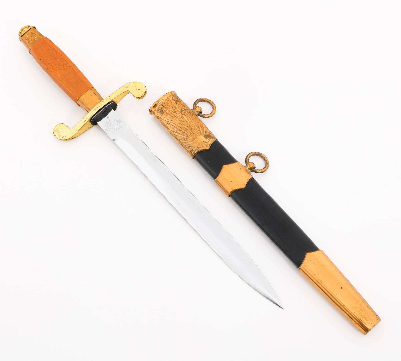 COLD WAR SOVIET AIR FORCE OFFICER DRESS DAGGER: COLD WAR SOVIET AIR FORCE OFFICER DRESS DAGGER Cold War Soviet Russian Air Force Officer Dress Dagger. Double edged, bright blade. Electro-penciled Cyrillic markings and serial number on both sides of