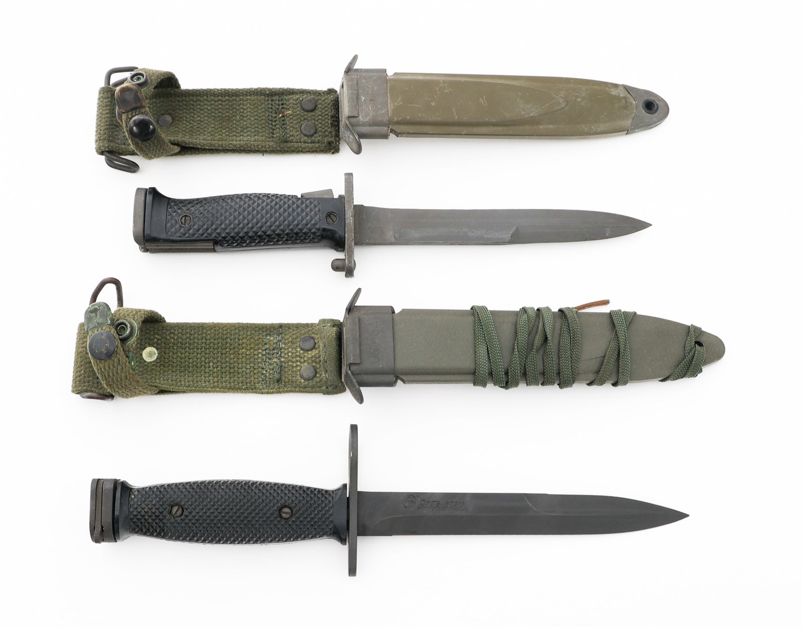 COLD WAR US M5 & M7 BAYONETS by IMPERIAL & COLT: COLD WAR US M5 & M7 BAYONETS by IMPERIAL & COLT Cold War US M5 and M7 Bayonets by Imperial and Colt. (1) M5 Bayonet. Single edged, parkerized blade. Maker mark of Imperial and M5 stamped under the ste