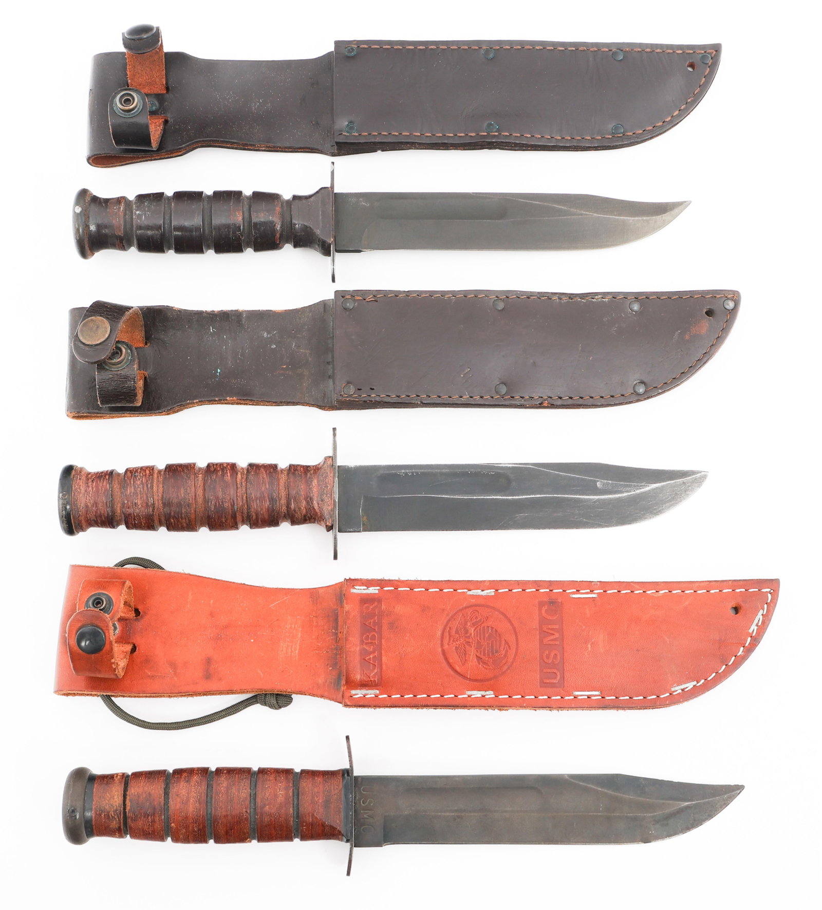 COLD WAR US & USMC MkII FIGHTING KNIVES by KA-BAR: COLD WAR US & USMC MkII FIGHTING KNIVES by KA-BAR Cold War US and Marine Corps MkII Fighting Knives. (1) MkII. Single edged, parkerized blade with fuller. Maker marked by Ka-Bar Olean N.Y. on one side