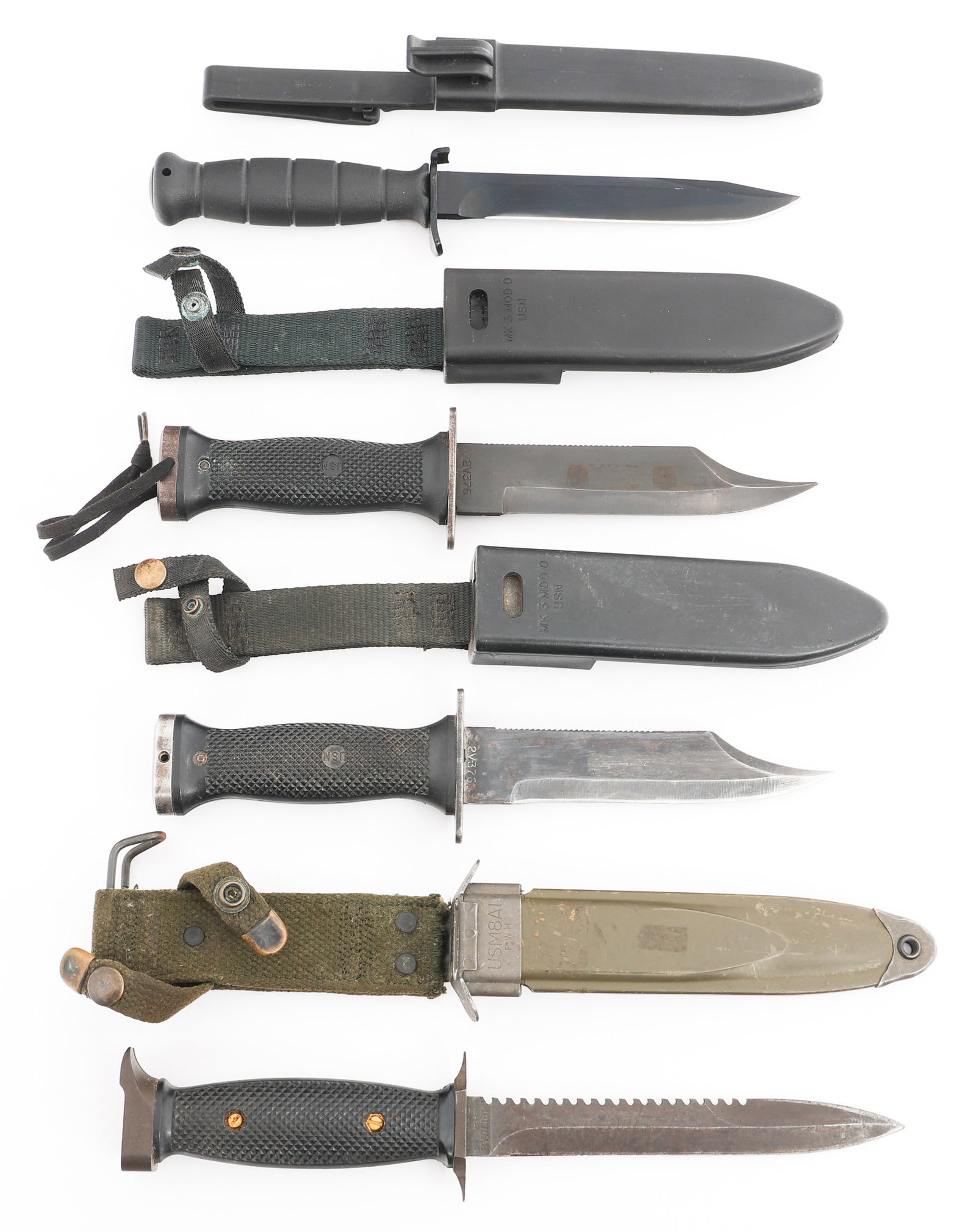 COLD WAR - CURRENT US BAYONETS & FIGHTING KNIVES: COLD WAR - CURRENT US BAYONETS & FIGHTING KNIVES Cold War - Current US Bayonets and Fighting Knives. (1) Commercial M7s Knife. Single edged blade with sawback spine. Maker marked by Imperial. Modified