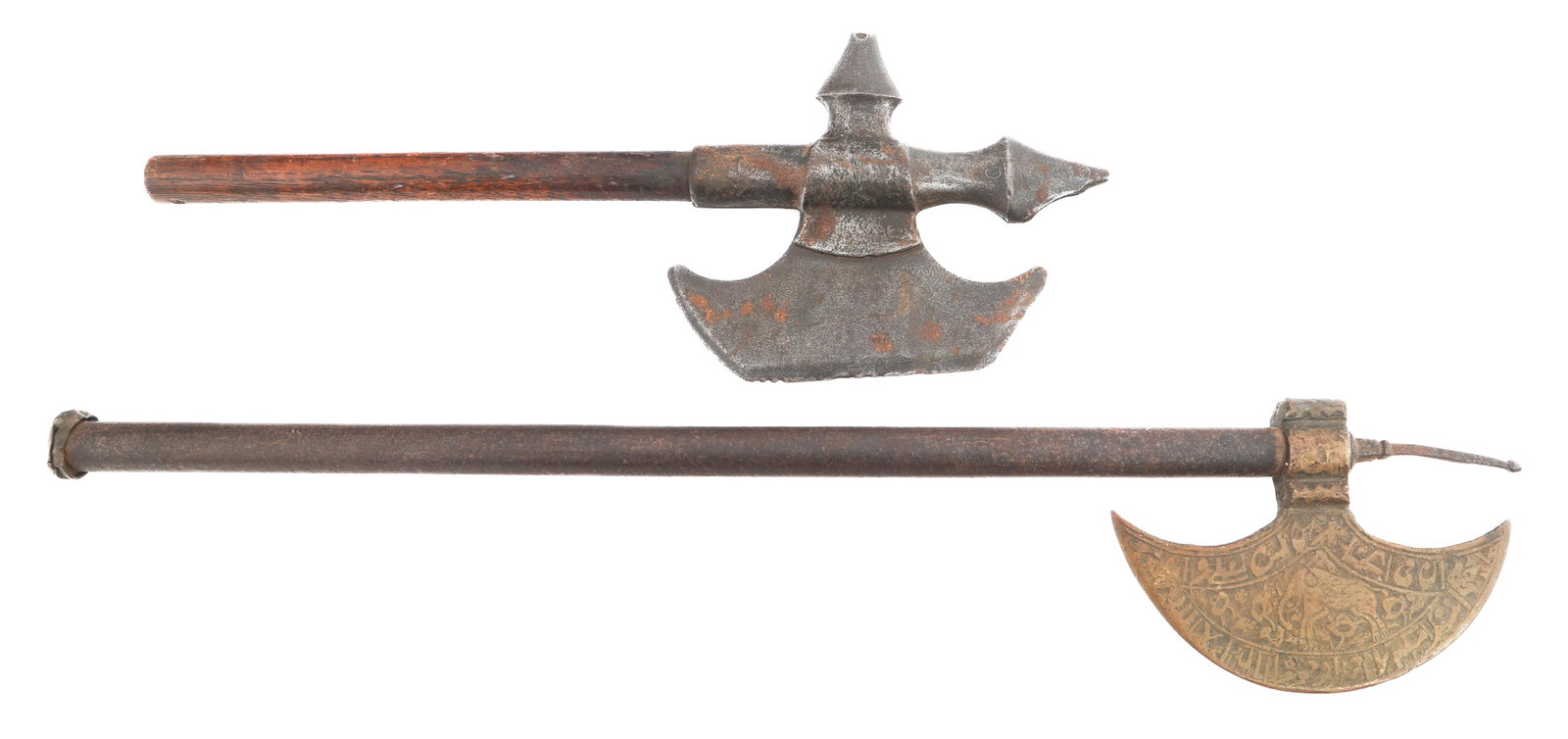 CIVILIAN TOURIST BATTLE AXES: CIVILIAN TOURIST BATTLE AXES Civilian Tourist Battle Axes. One decorated brass blade, and the other with steel. Wood and steel handles. No visible maker marks. Blade Length: 6 1/2" Total Length: 17 1/