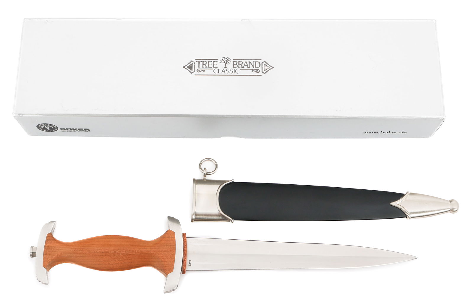 MODERN SWISS DAGGER by BOKER: MODERN SWISS DAGGER by BOKER Modern Swiss Dagger. Double edged, bright blade. Maker marked by Boker on one side of the ricasso, 643 on the reverse. Leather buffer pad. Nickel-silver plated steel hilt