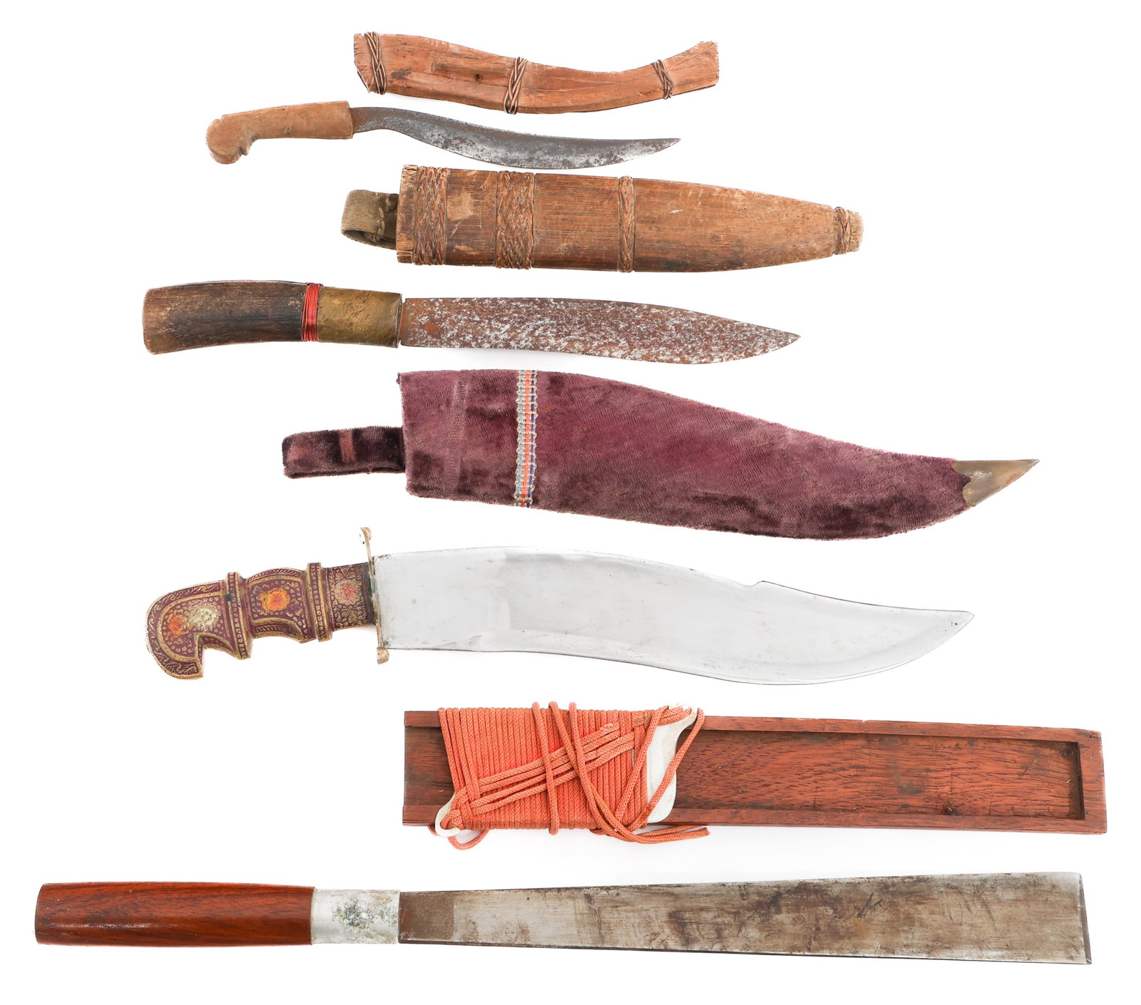 19th C. SOUTHEAST ASIAN & MIDDLE EASTERN KNIVES: 19th C. SOUTHEAST ASIAN & MIDDLE EASTERN KNIVES 19th - 20th Century Southeast Asian and Middle Eastern Knives. (1) Golok. "1964" stamped on the ricasso. Wooden handle and scabbard. (1) Talibon. Wooden
