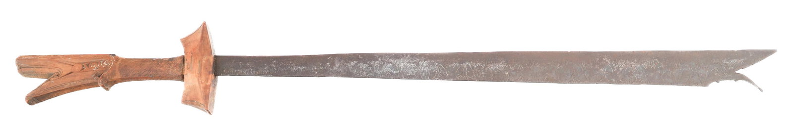 FILIPINO KAMPALIN SWORD: FILIPINO KAMPALIN SWORD Filipino Kampalin Sword. Single edged, straight blade, double etched with ethnographic designs. Decorated wood hilt. No scabbard. Blade Length: 29" Total Length: 39 1/2" Proven