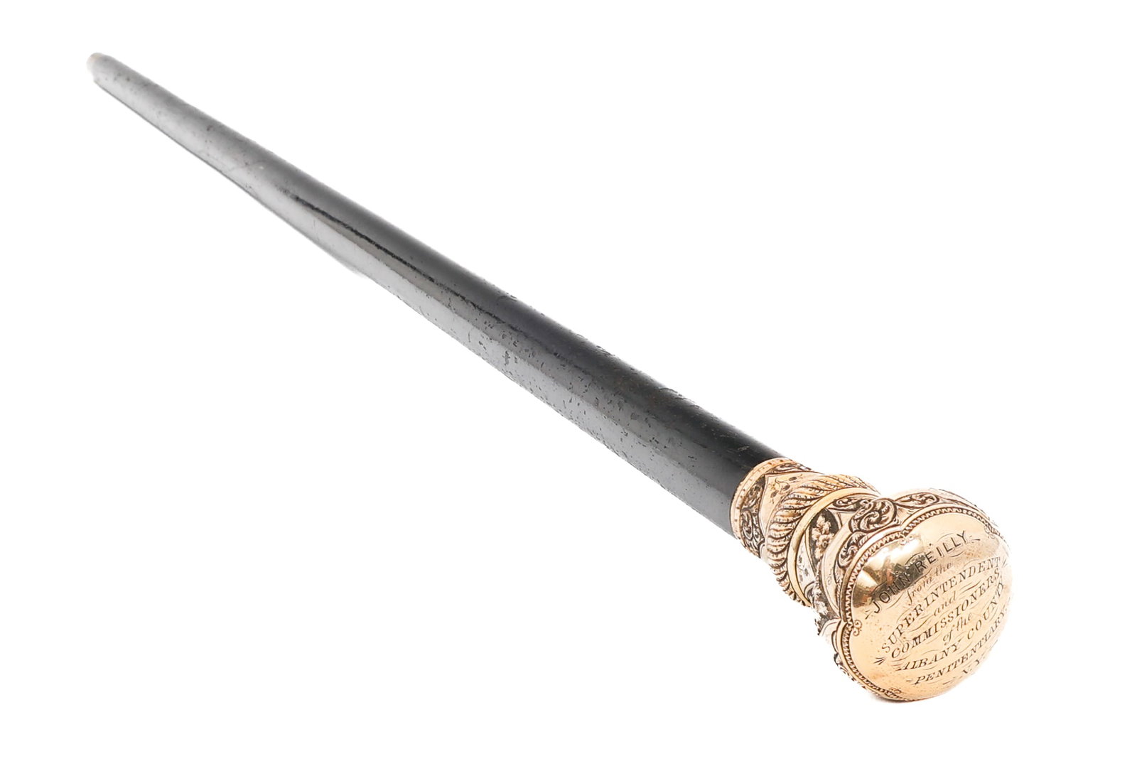 CIVILIAN PRESENTATION CANE: CIVILIAN PRESENTATION CANE Civilian Presentation Cane. Wood construction and gilt alloy knob etched with "John Reilly from the Superintendent and Commissioners of the Albany County Penitentiary, N.Y."