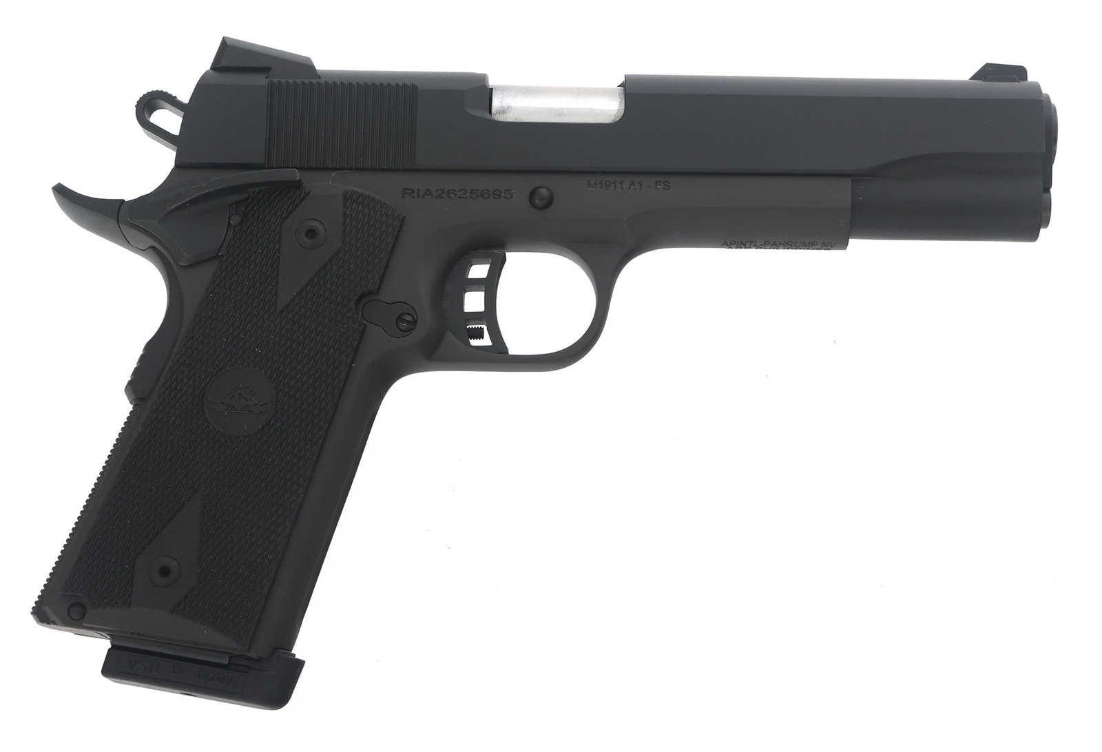 ROCK ISLAND 1911 A1-FS 45 ACP CALIBER PISTOL: ROCK ISLAND 1911 A1-FS 45 ACP CALIBER PISTOL Rock Island Model 1911 A1-FS .45 ACP caliber semi automatic pistol. Import stamped "APINTL". Matte black finish. Checkered rubber logo grips. Smooth wood g