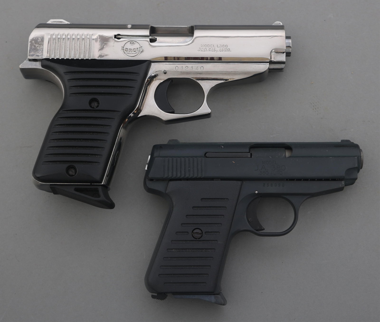 LORCIN L380 & JIMENEZ JA 380 .380 AUTO CAL PISTOLS: LORCIN L380 & JIMENEZ JA 380 .380 AUTO CAL PISTOLS A) Lorcin Model L380 .380 Auto caliber semi-automatic pistol. Composite grips. Fixed sights. One magazine. B) Jimenez Model JA 380 .380 Auto caliber 