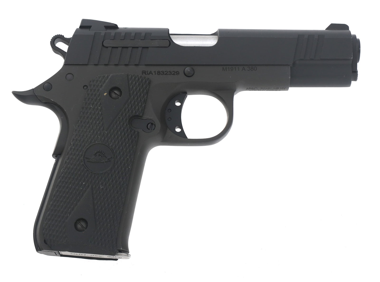 ROCK ISLAND M1911A .380 AUTO CALIBER PISTOL: ROCK ISLAND M1911A .380 AUTO CALIBER PISTOL Rock Island Model 1911A .380 ACP caliber semi automatic pistol. Import stamped APINTL. Matte black finish. Checkered rubber grips. Fixed sights. Manual. Gun