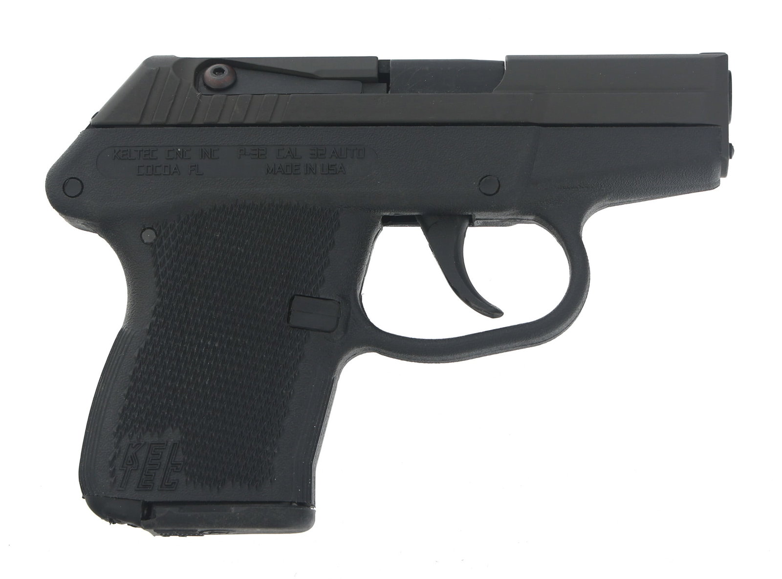 KEL-TEC MODEL P-32 32 ACP CALIBER PISTOL: KEL-TEC MODEL P-32 32 ACP CALIBER PISTOL Kel-Tec Model P-32 .32 ACP caliber semi automatic pistol. Black finish. Polymer frame with integrated checkered grips. Fixed sights. Gun lock. Manual. One maga