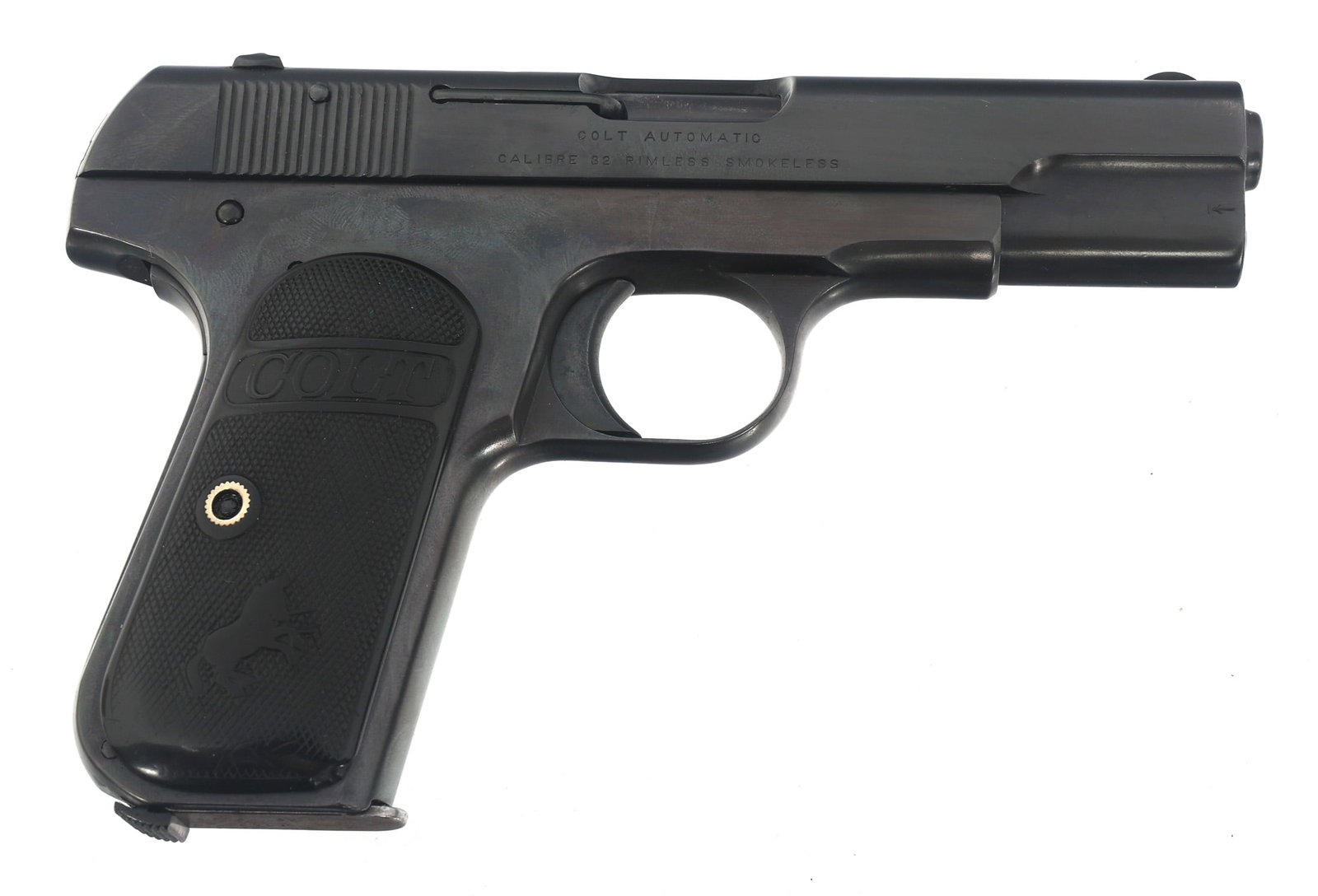 1915 COLT MODEL 1903 .32 AUTOMATIC CALIBER PISTOL: 1915 COLT MODEL 1903 .32 AUTOMATIC CALIBER PISTOL 1915 Colt Model 1903 Pocket Hammerless .32 caliber semi-automatic pistol. Blued finish. Checkered Colt hard rubber grips. Fixed sights. One magazine. 