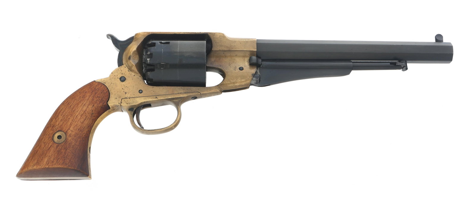 ASM MODEL 1858 .44 CALIBER PERCUSSION REVOLVER: ASM MODEL 1858 .44 CALIBER PERCUSSION REVOLVER ASM Model 1858 Remington .44 caliber percussion revolver. Blued finish. Fixed sights. Brass frame and trigger guard. Six shot smooth cylinder. Wood grips