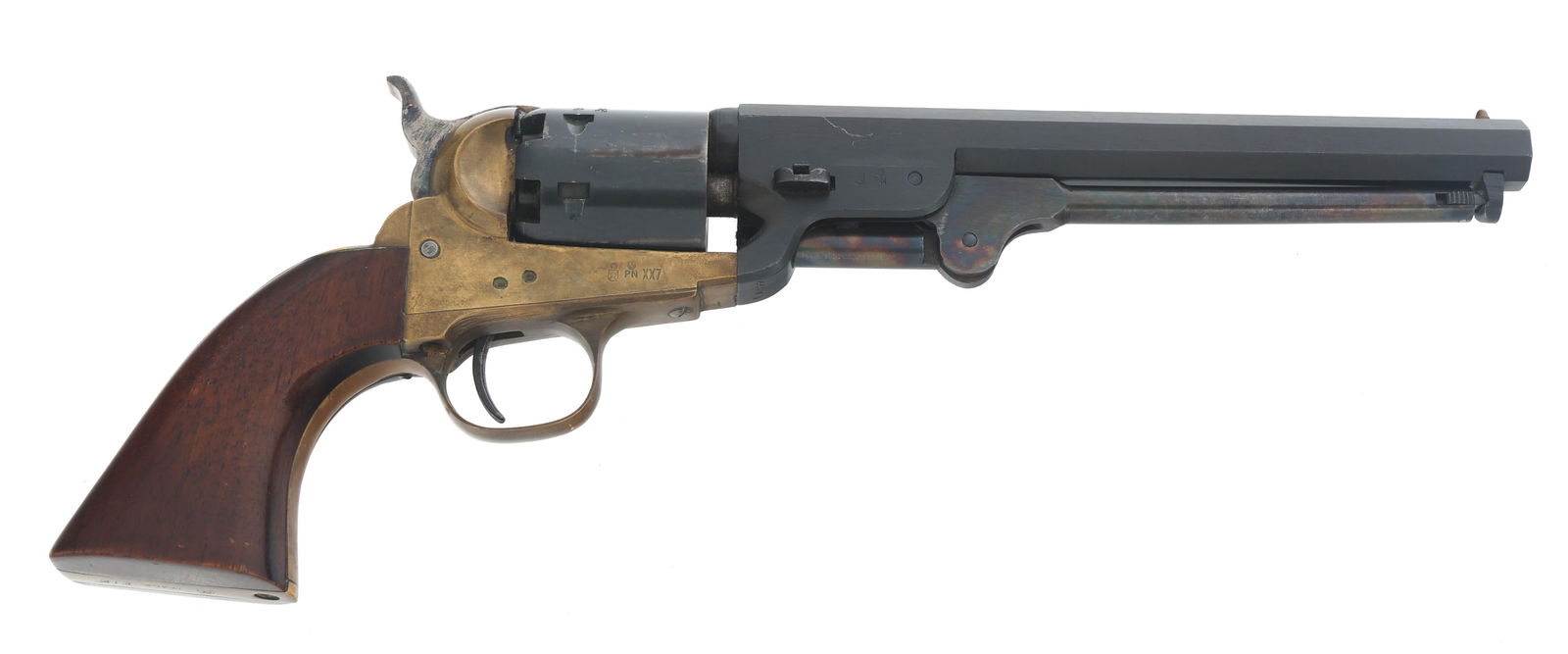 PIETTA MODEL 1851 NAVY 36 CAL PERCUSSION REVOLVER: PIETTA MODEL 1851 NAVY 36 CAL PERCUSSION REVOLVER Pietta Model 1851 Navy .36 caliber percussion revolver. Blued finish. Brass frame and trigger guard. Six shot smooth cylinder. Wood grips. Caliber / G