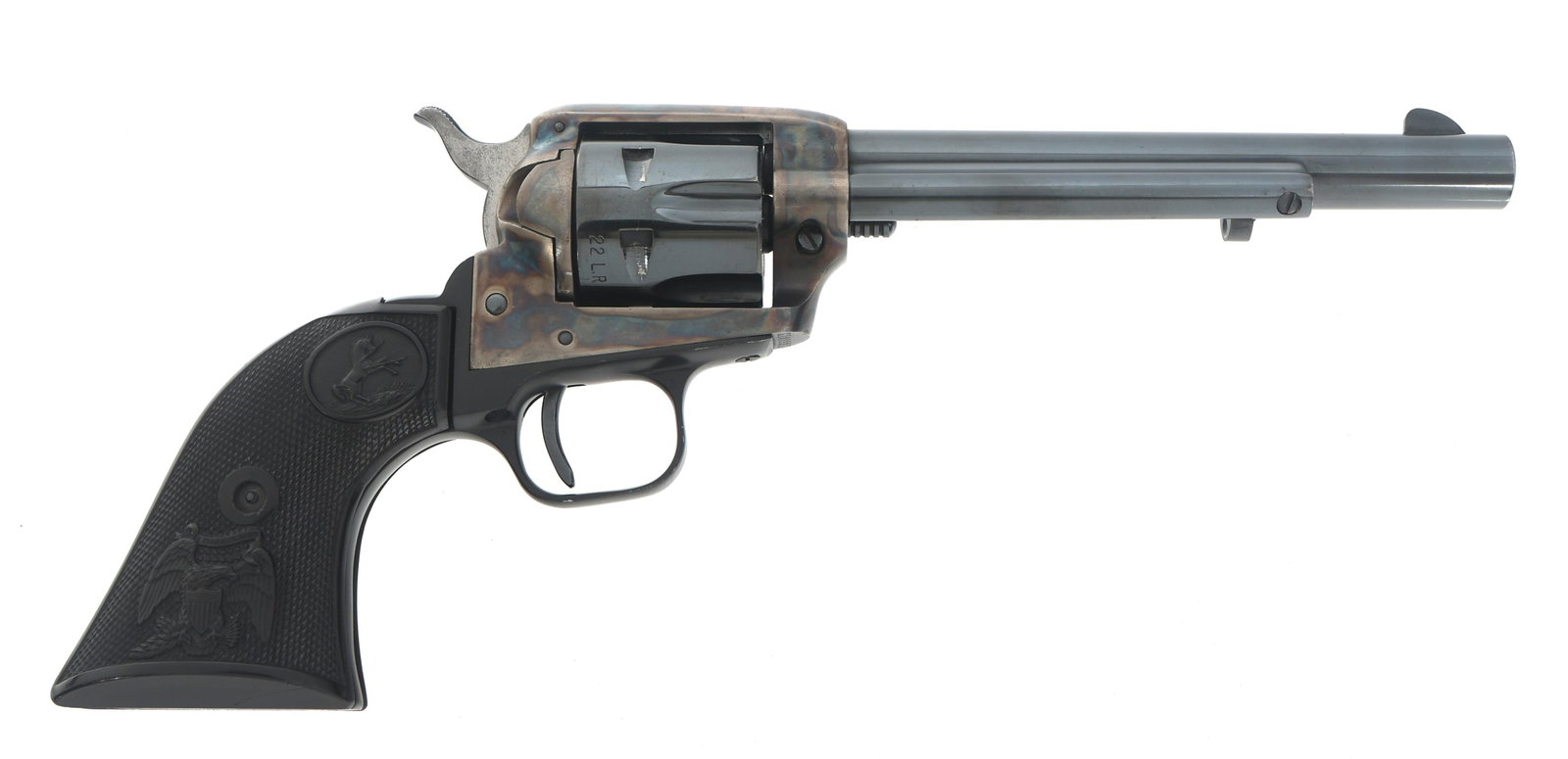 COLT MODEL PEACEMAKER .22 CALIBER REVOLVER: COLT MODEL PEACEMAKER .22 CALIBER REVOLVER 1975 Colt Model Peacemaker .22 caliber single action revolver. Blued finish. Case hardened frame. Six shot fluted cylinder. Caliber / Gauge: 22 Barrel Length