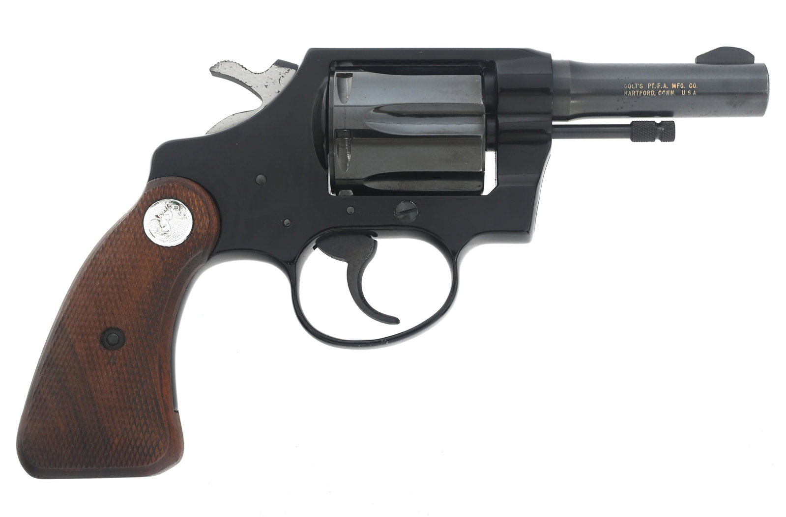 COLT MODEL COBRA AGENT .22 LR CALIBER DA REVOLVER: COLT MODEL COBRA AGENT .22 LR CALIBER DA REVOLVER 1971 Colt Model Cobra Agent .22 LR caliber double action revolver. Blued finish. Checkered wood grips with Colt medallion. Fixed sights. Six shot flut